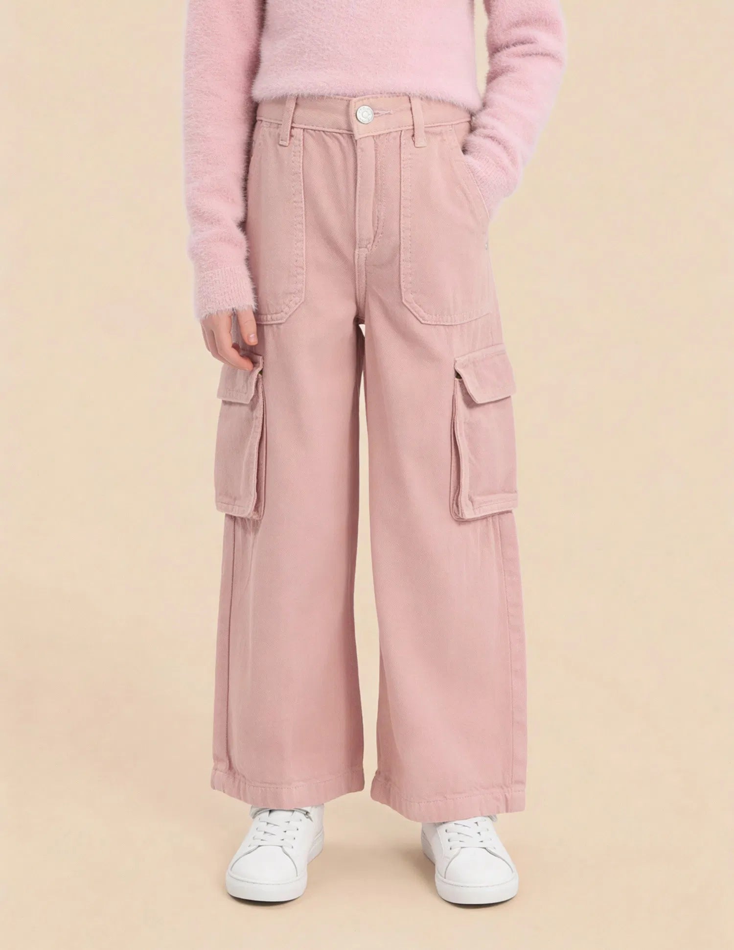 Girls Pink Cotton Blend Mid Rise Wide Leg Jeans