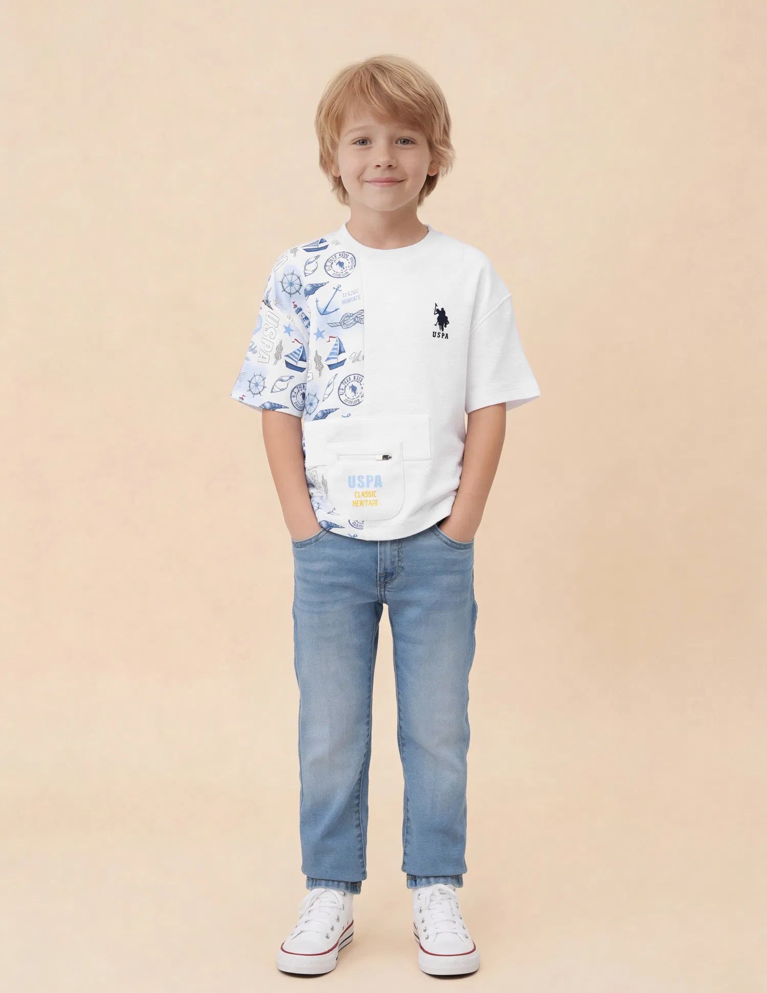 Boys White Cotton Graphic Oversized Fit T-Shirt