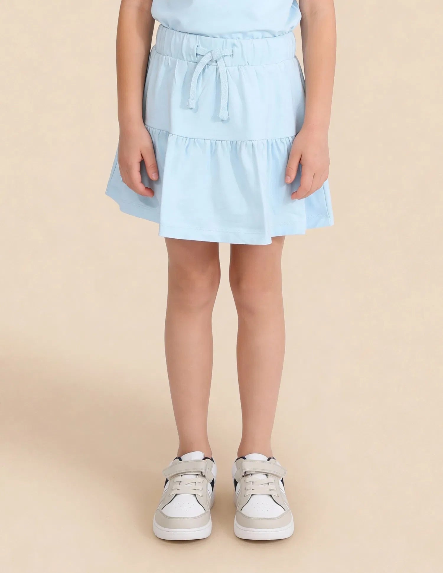 Girls Blue Cotton Mid Rise Tiered Mini Skirt