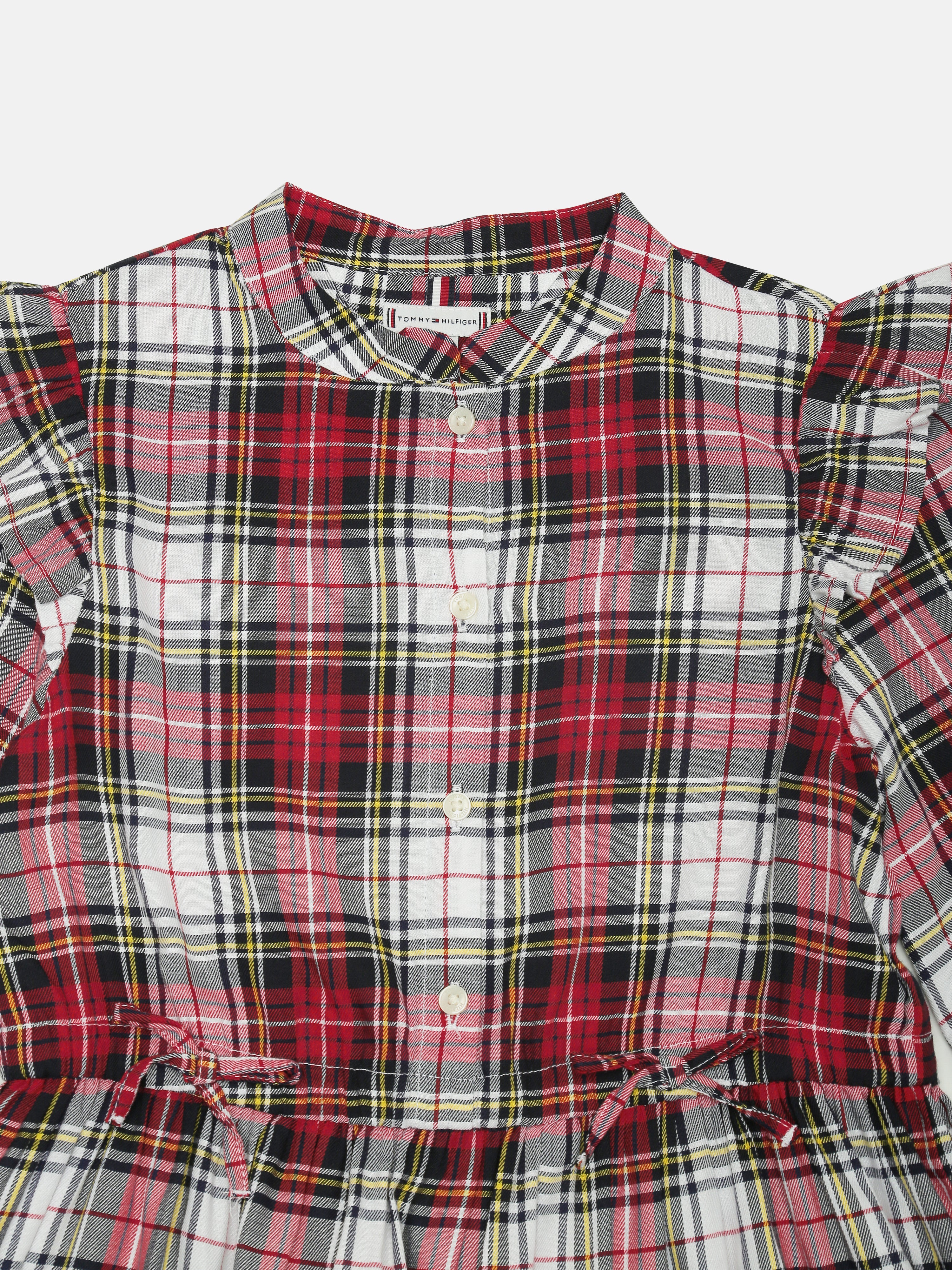 Girls Red Checked Cotton Mandarin Collar Casual Dress