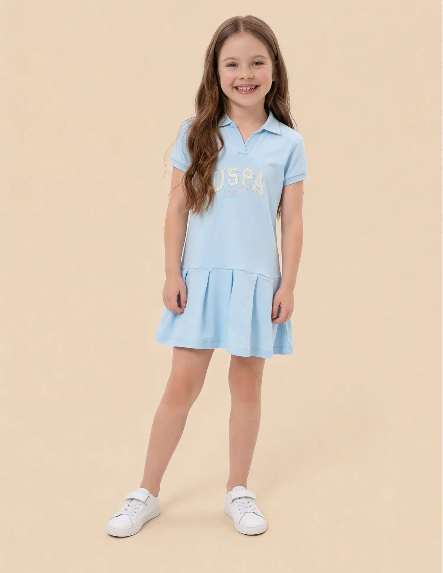 Girls Blue Cotton Logo Print Drop Waist A-Line Dress
