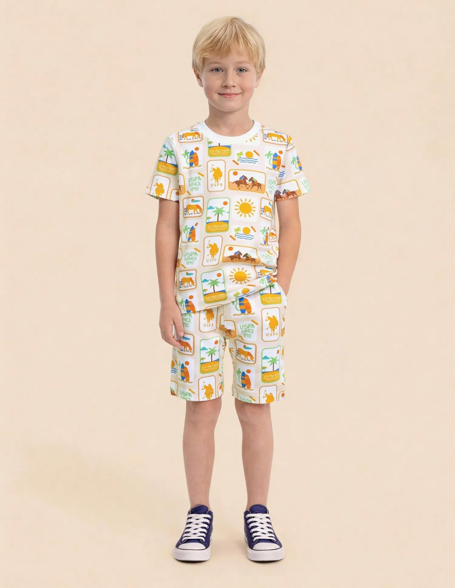 Boys Beige Cotton All Over Graphic Regular Fit T-Shirt