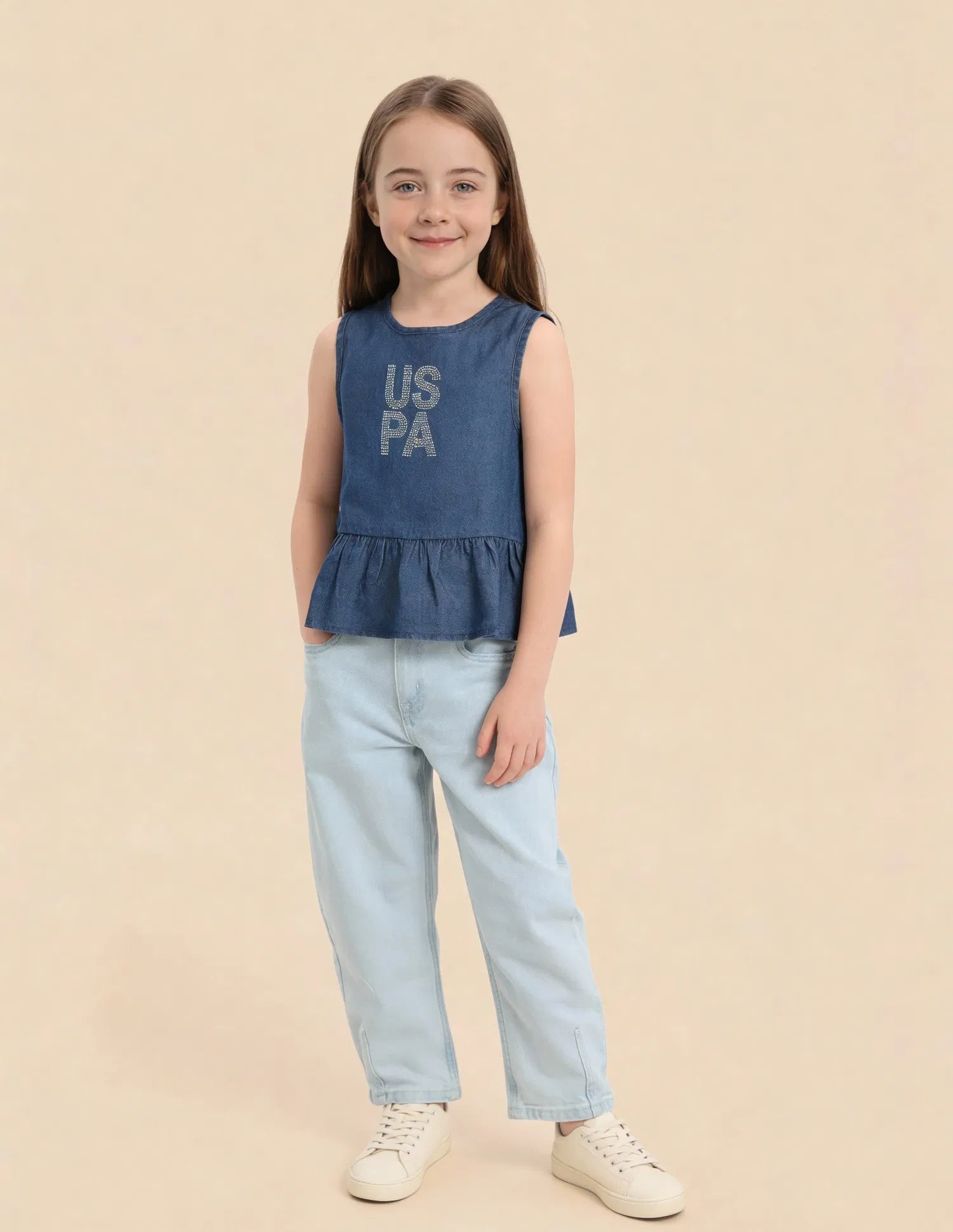 Girls Blue Tencel Brand Embellished Flared Top