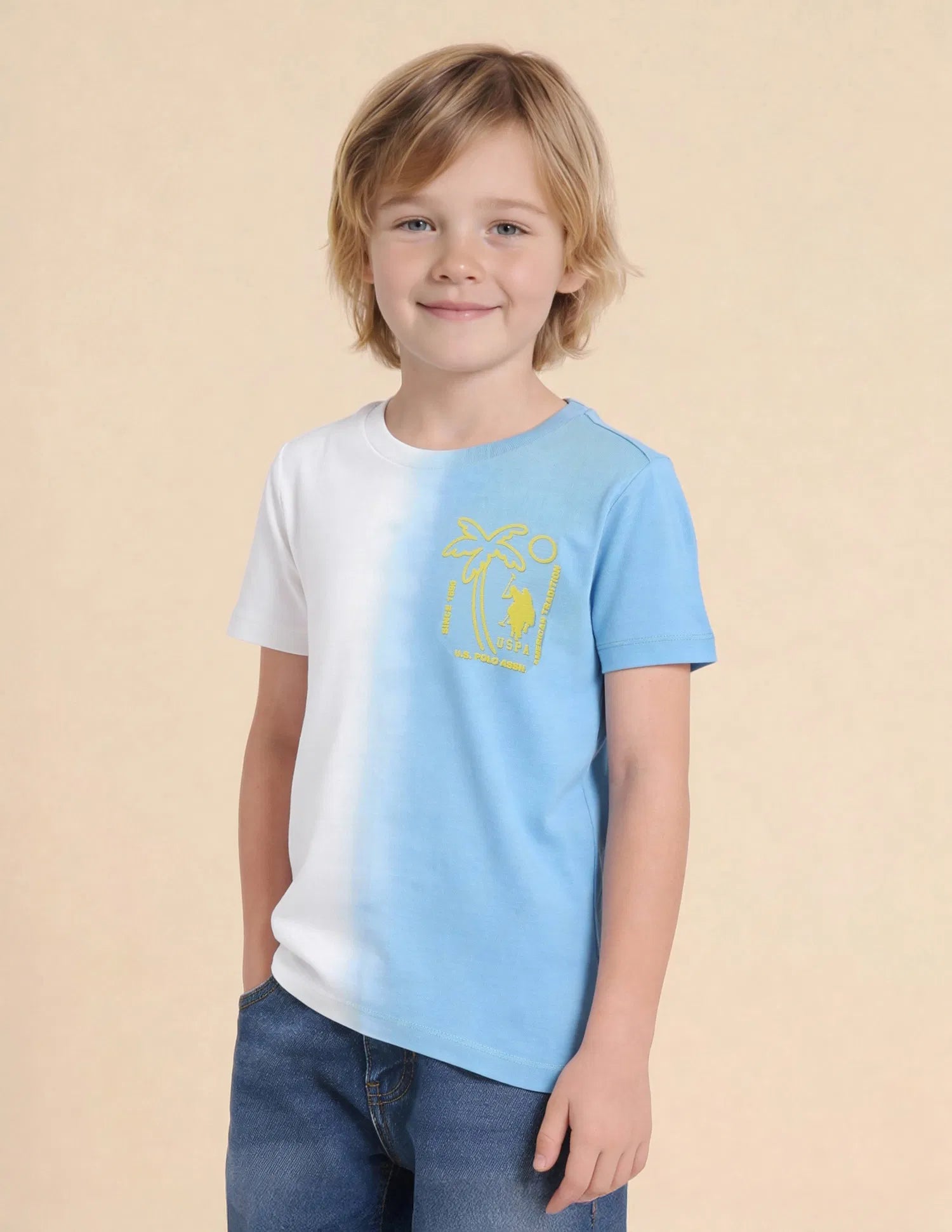 Boys Blue Cotton Ombre Graphic Regular Fit T-Shirt