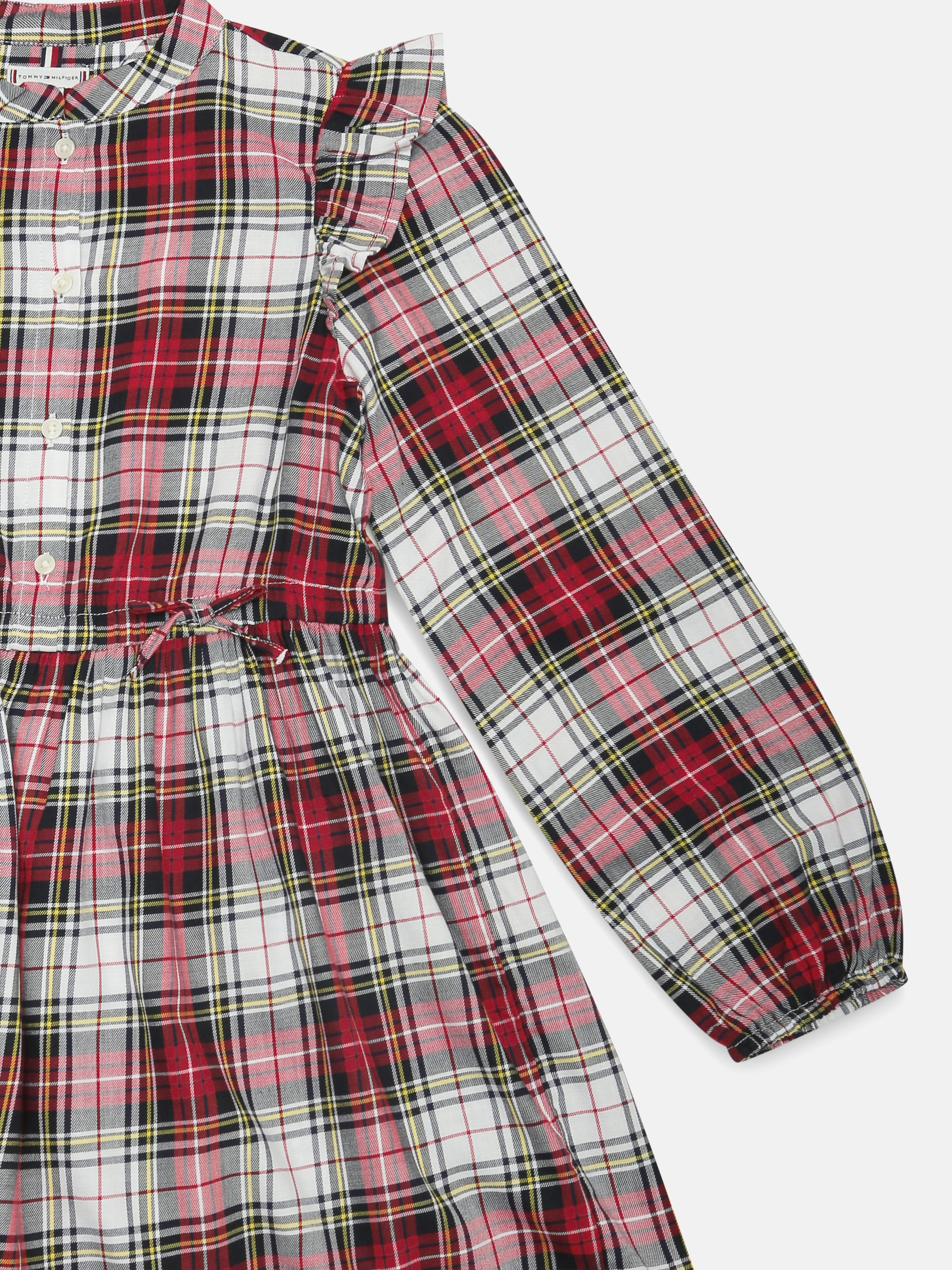 Girls Red Checked Cotton Mandarin Collar Casual Dress