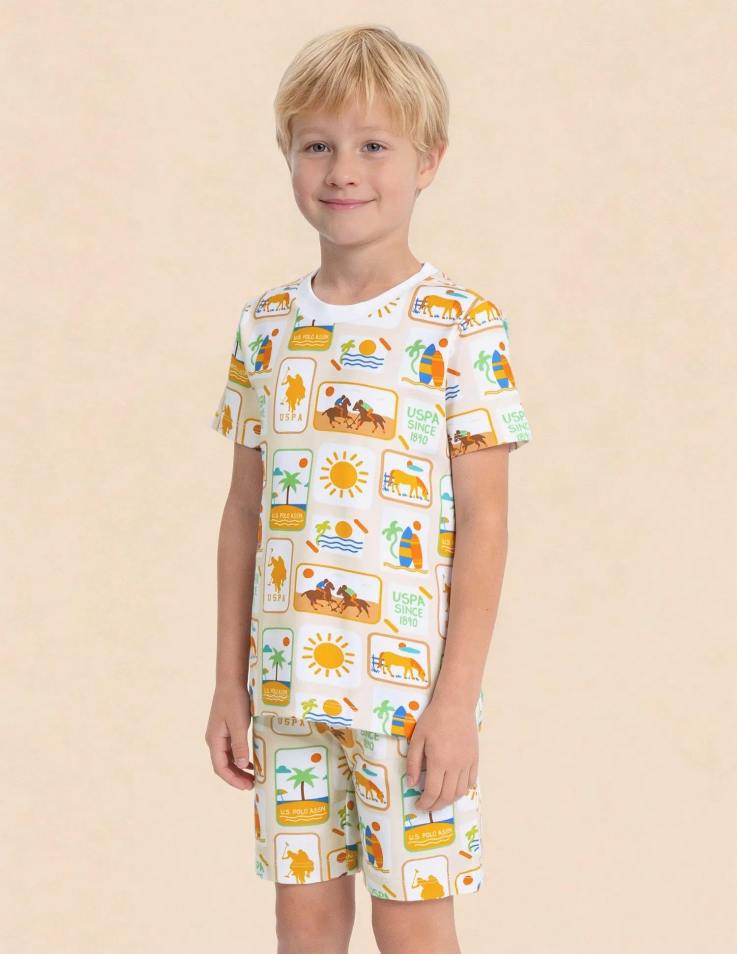 Boys Beige Cotton All Over Graphic Regular Fit T-Shirt
