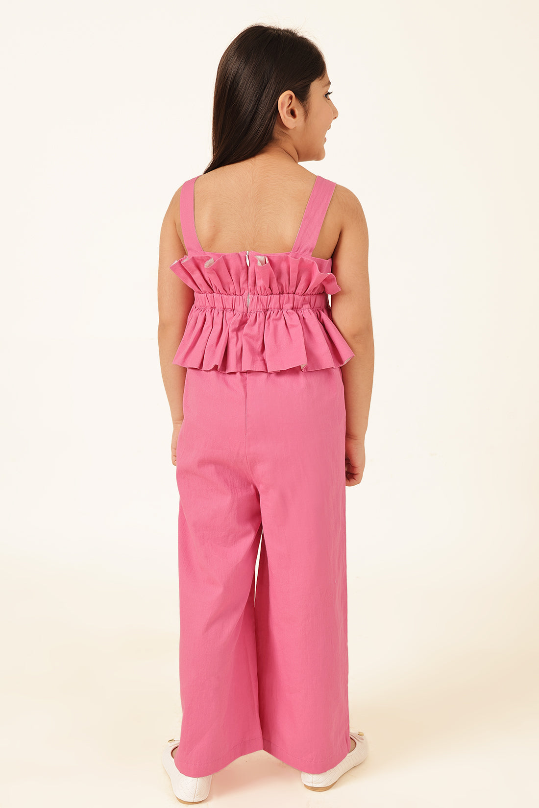 Girls Pink Square Neck Cotton Twill Jumpsuit