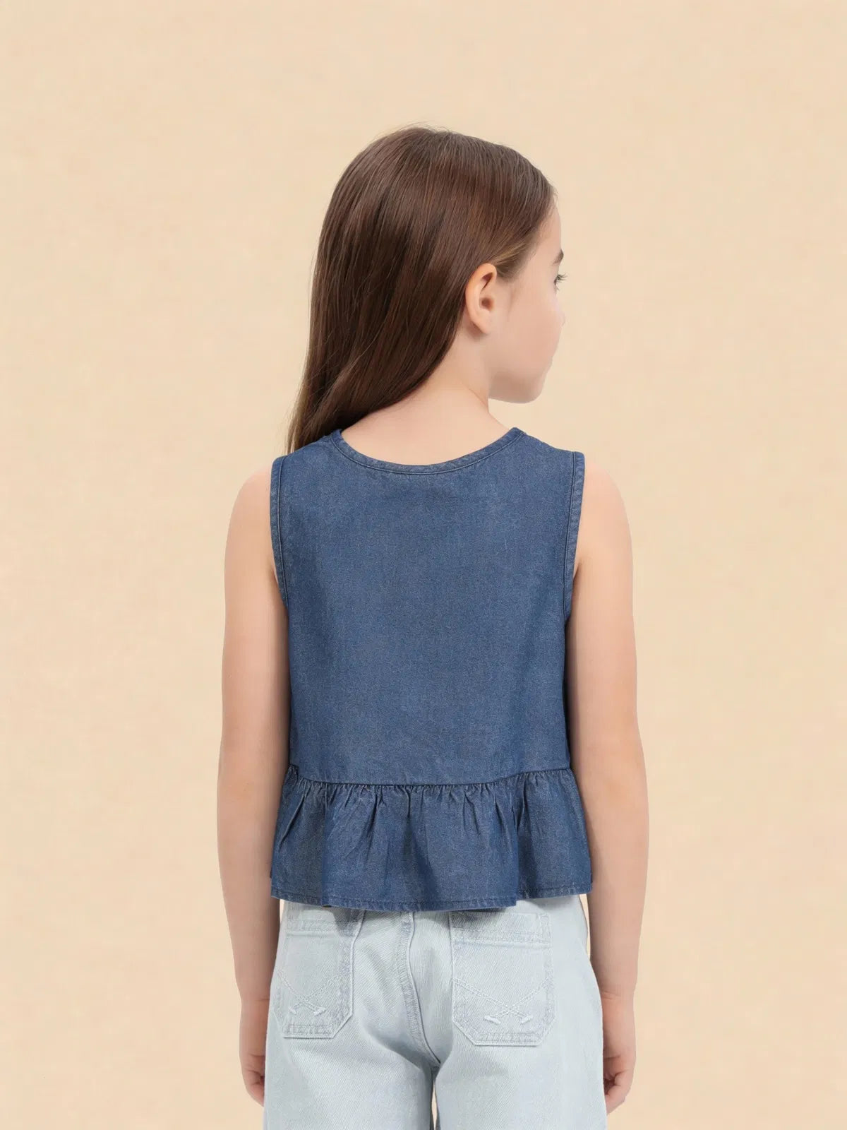 Girls Blue Tencel Brand Embellished Flared Top