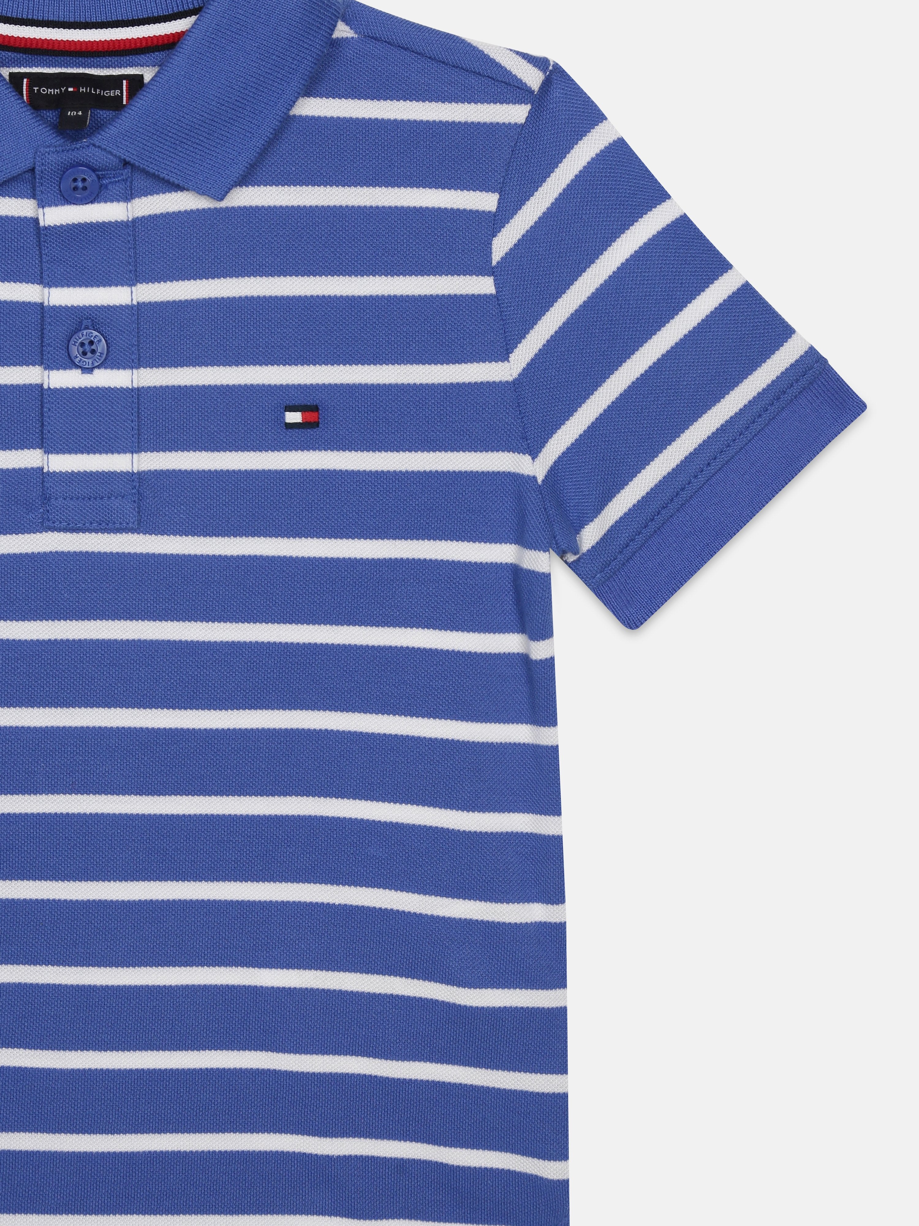Boys Blue Striped Polo Collar Regular Fit Cotton Knit Top