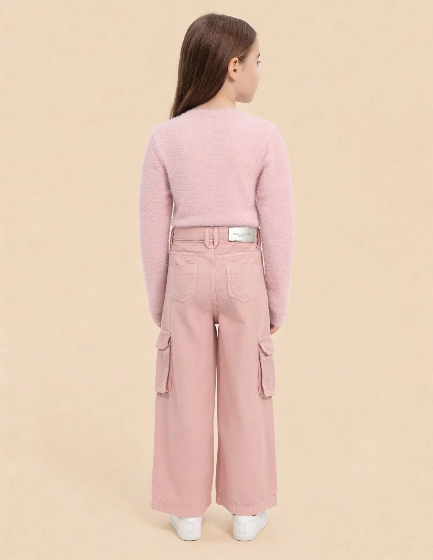 Girls Pink Cotton Blend Mid Rise Wide Leg Jeans