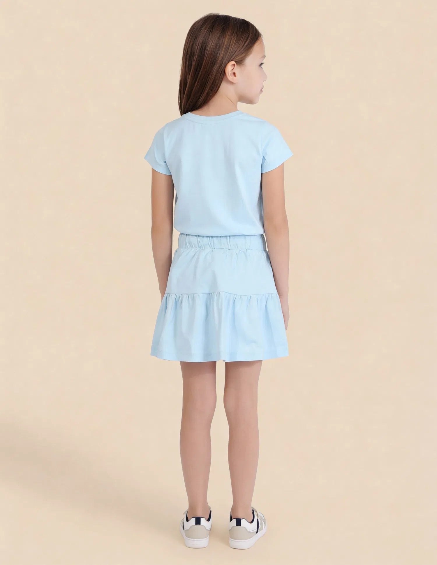 Girls Blue Cotton Mid Rise Tiered Mini Skirt