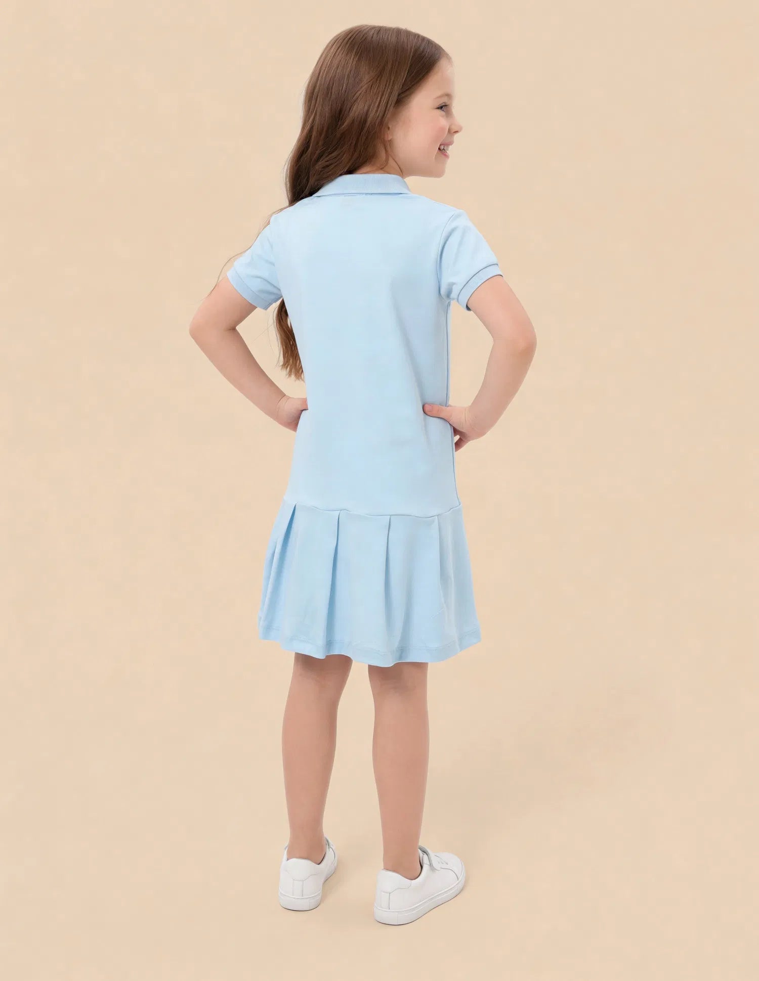 Girls Blue Cotton Logo Print Drop Waist A-Line Dress