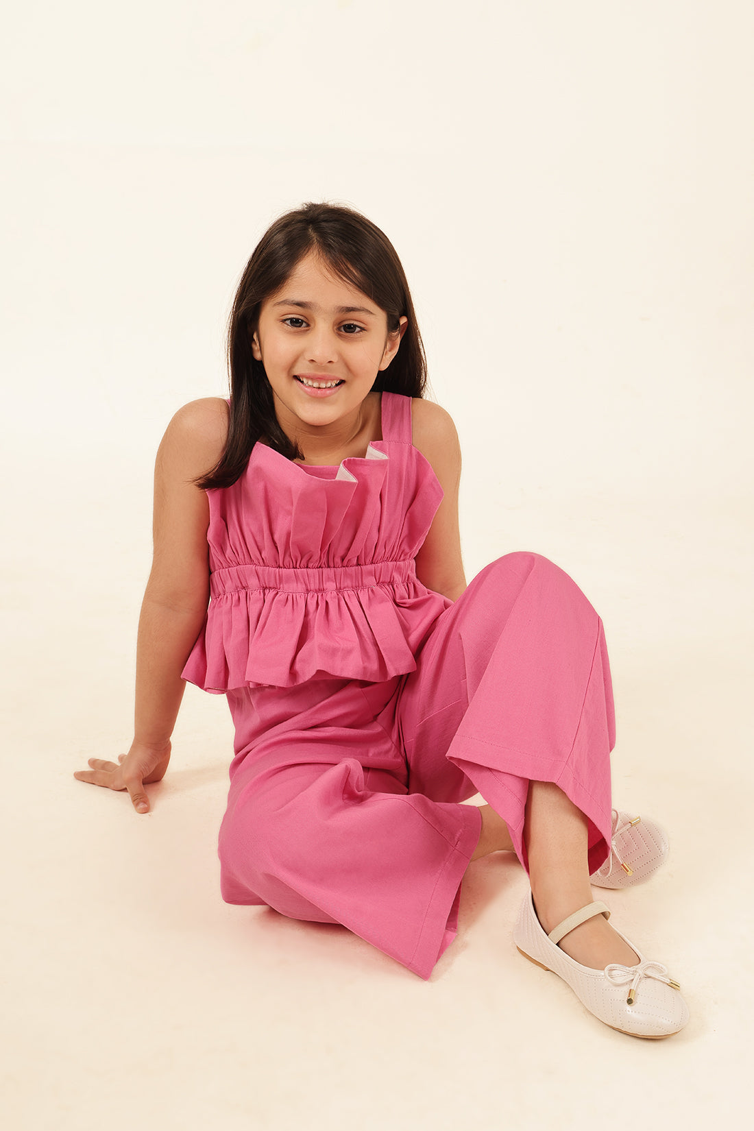 Girls Pink Square Neck Cotton Twill Jumpsuit