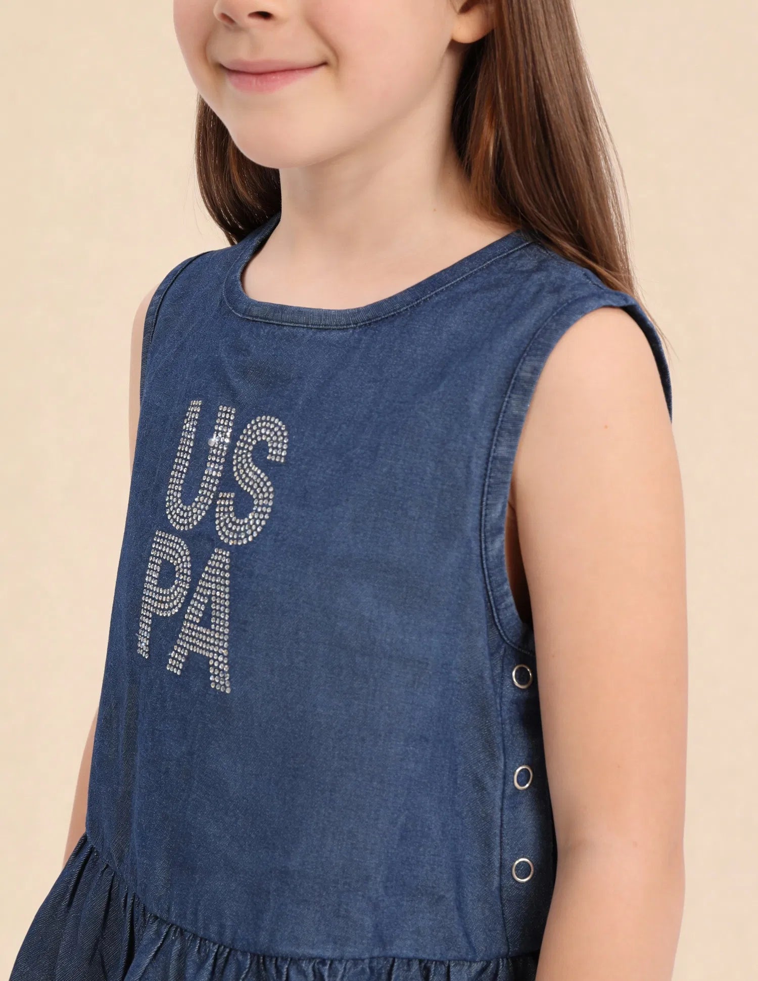 Girls Blue Tencel Brand Embellished Flared Top
