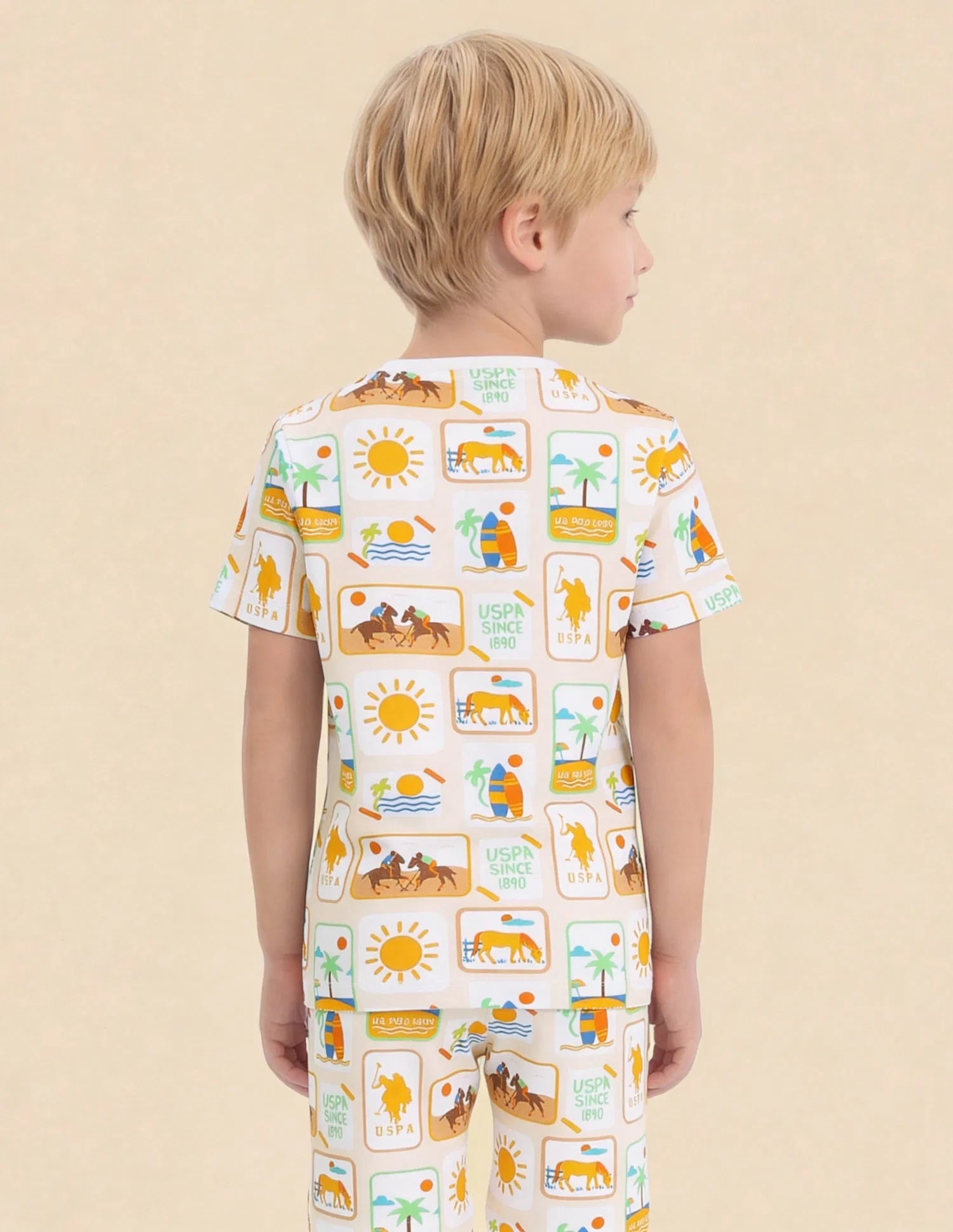 Boys Beige Cotton All Over Graphic Regular Fit T-Shirt