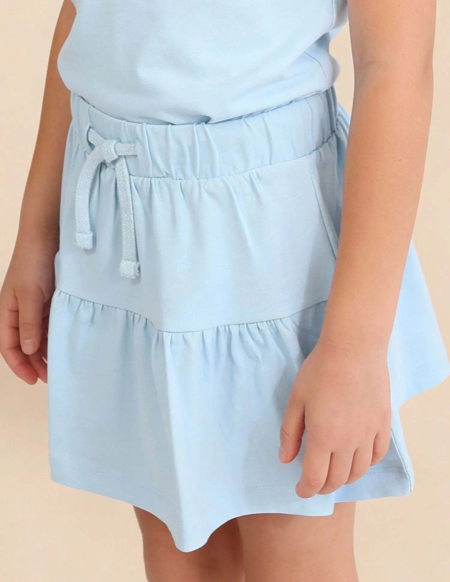 Girls Blue Cotton Mid Rise Tiered Mini Skirt