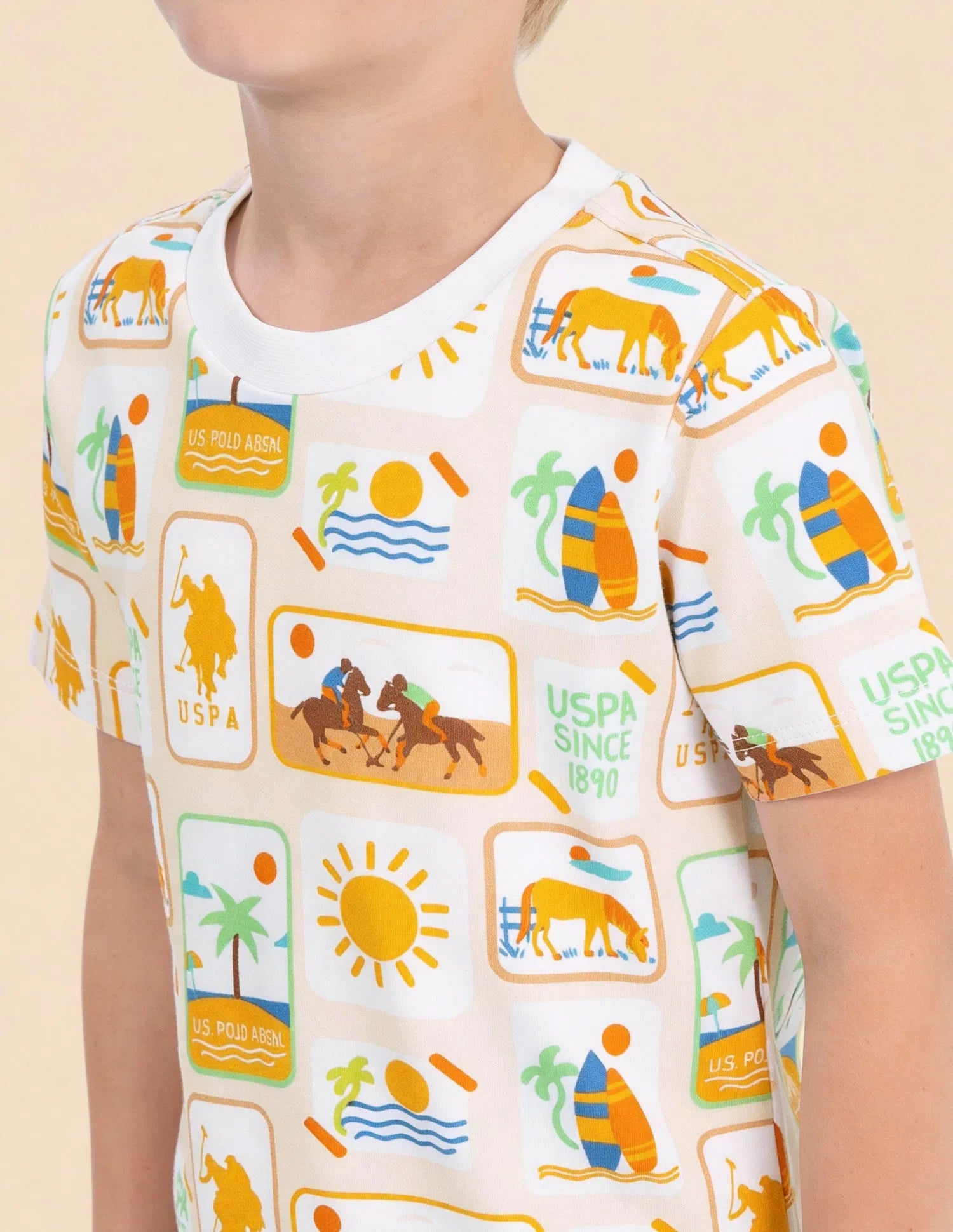 Boys Beige Cotton All Over Graphic Regular Fit T-Shirt