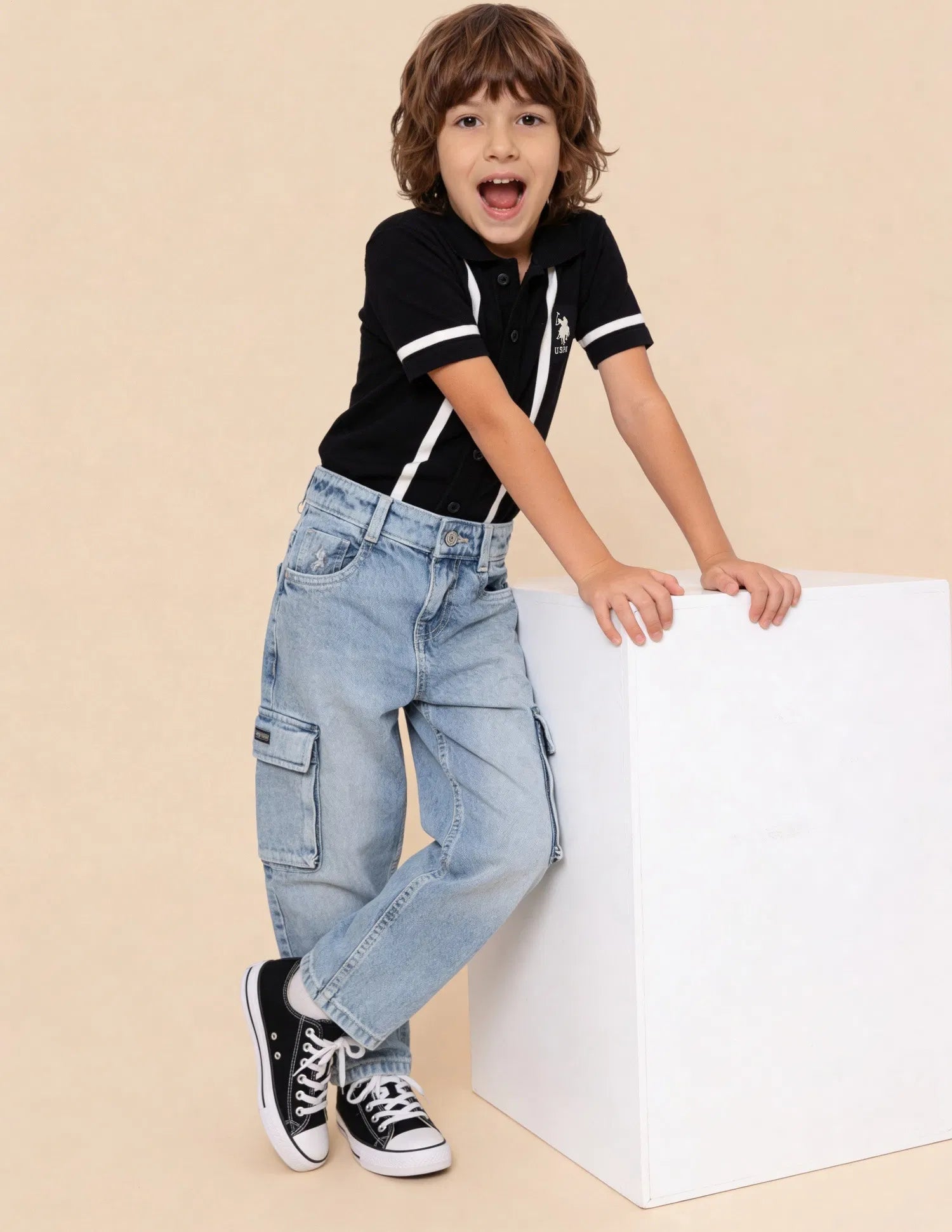 Boys Light Blue Cotton Stone Washed Baggy Cargo Jeans
