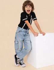 Boys Light Blue Cotton Stone Washed Baggy Cargo Jeans