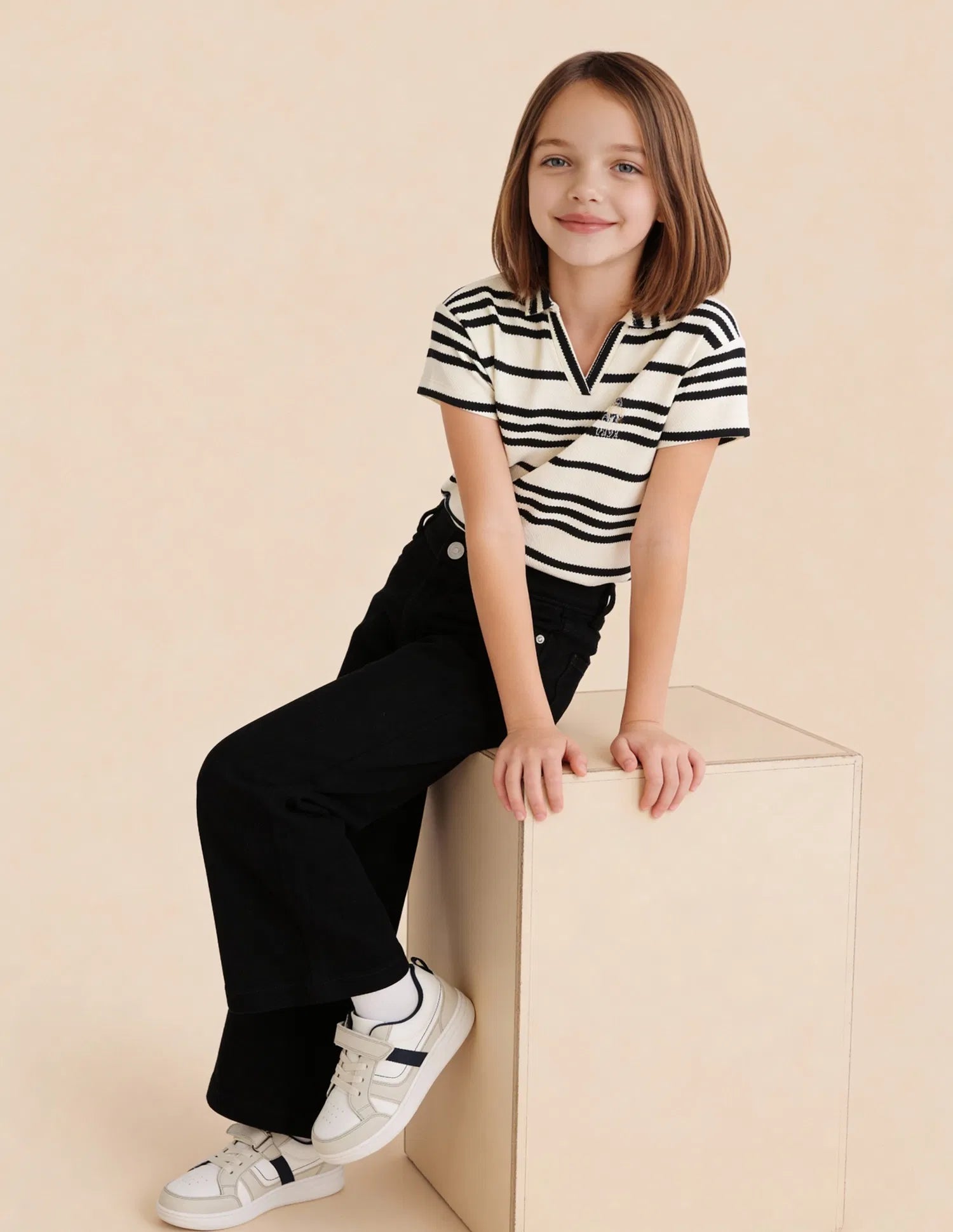 Girls Black Cotton Wide Leg Fit Jeans