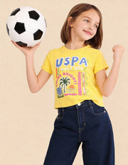 Girls Yellow Cotton Graphic Brand Printed Top
