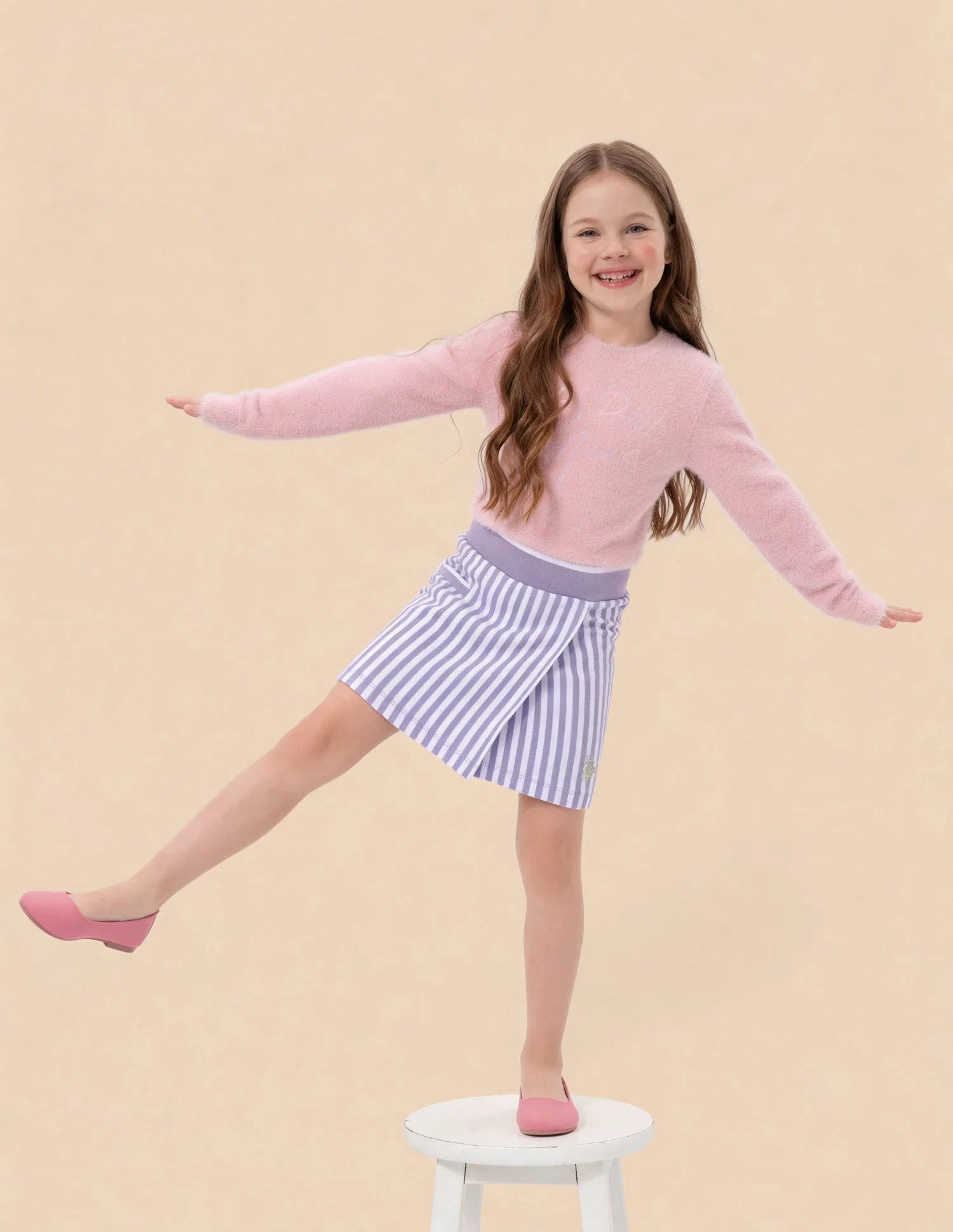 Girls Purple Cotton Vertical Striped Skirt