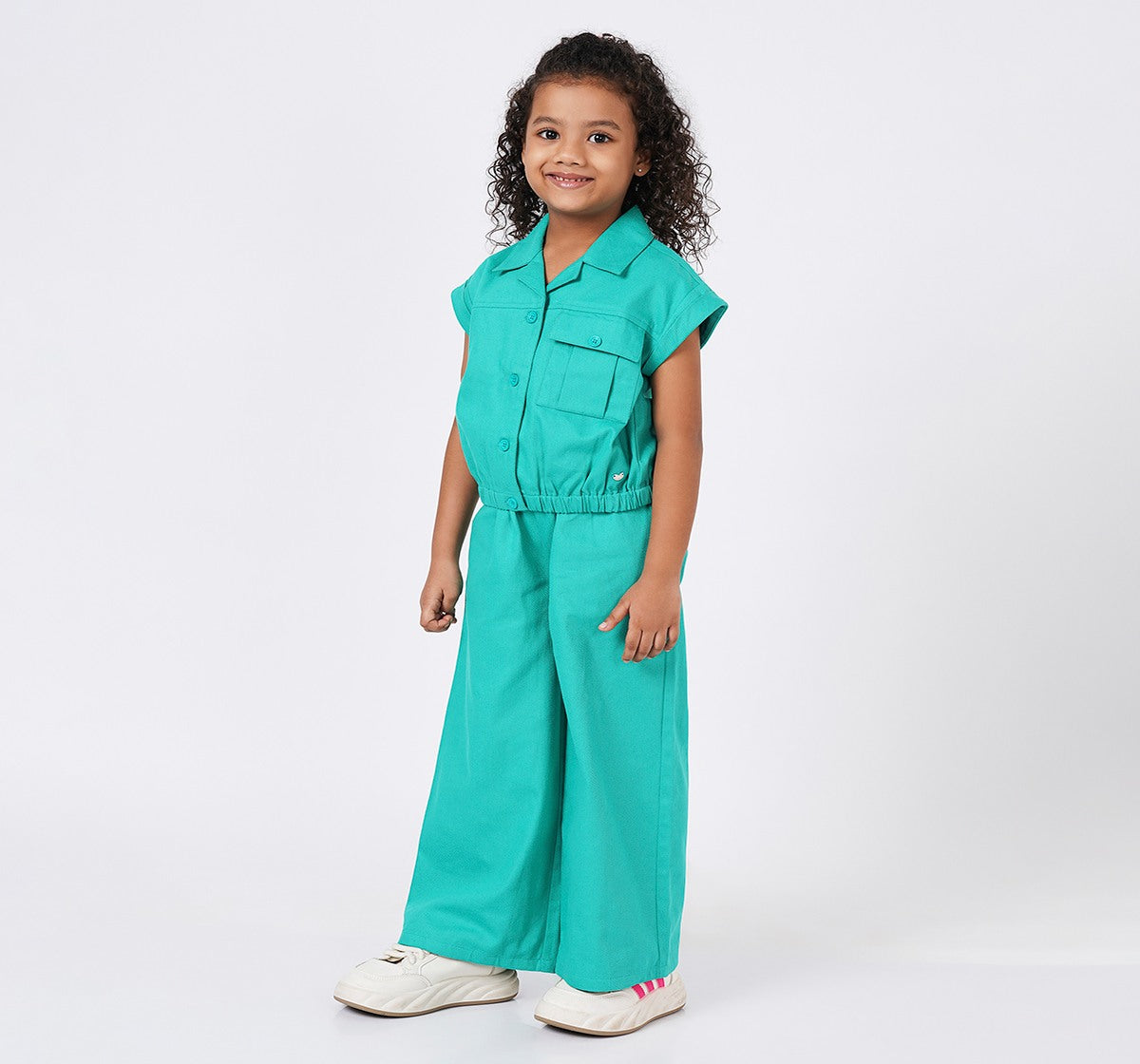 Girls Green Cotton Blend Resort Collar Co-ord Set