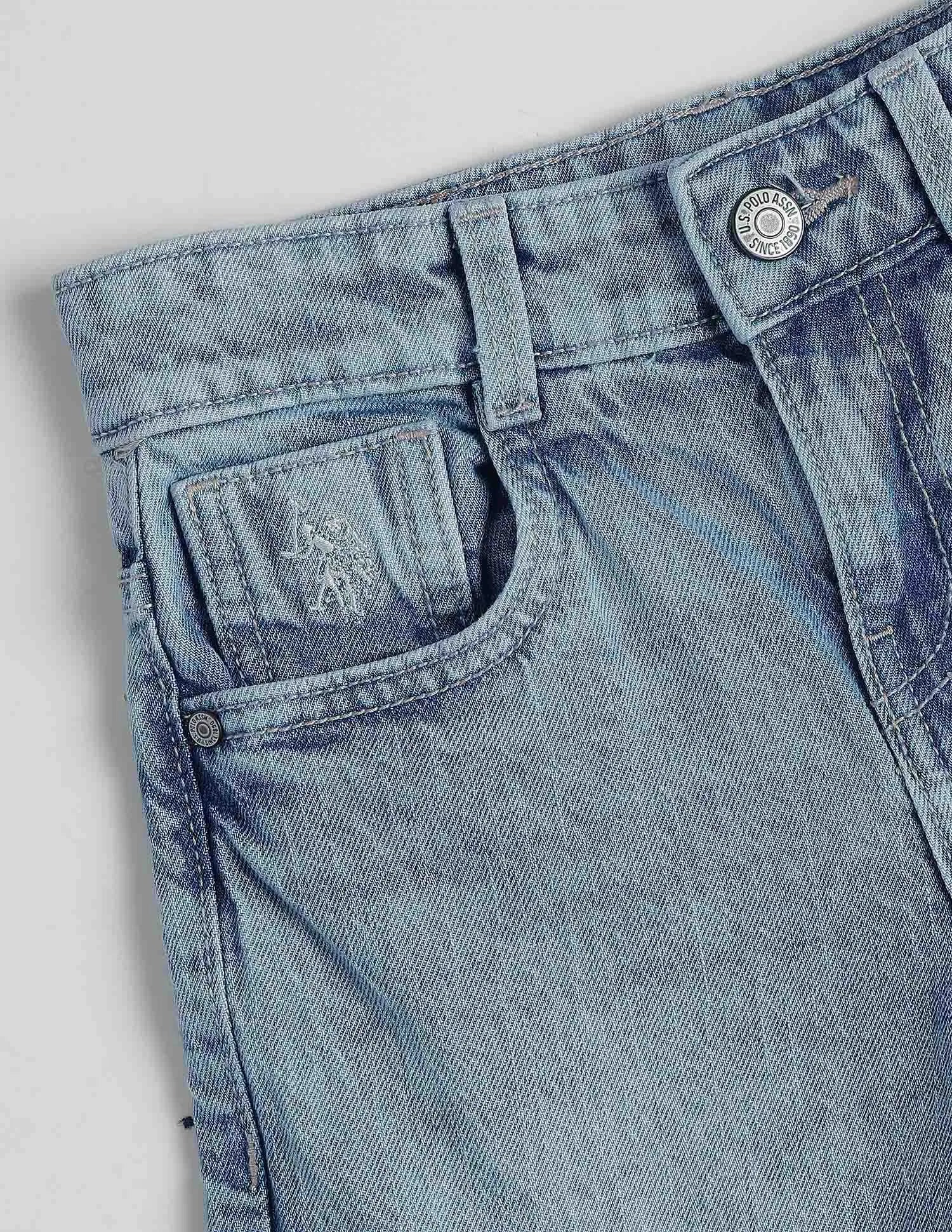 Boys Light Blue Cotton Stone Washed Baggy Cargo Jeans