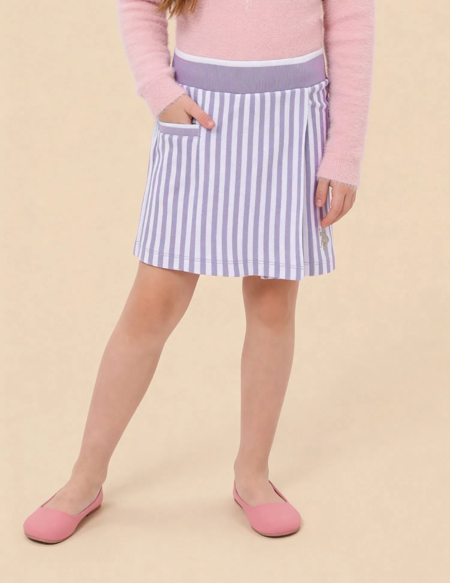 Girls Purple Cotton Vertical Striped Skirt