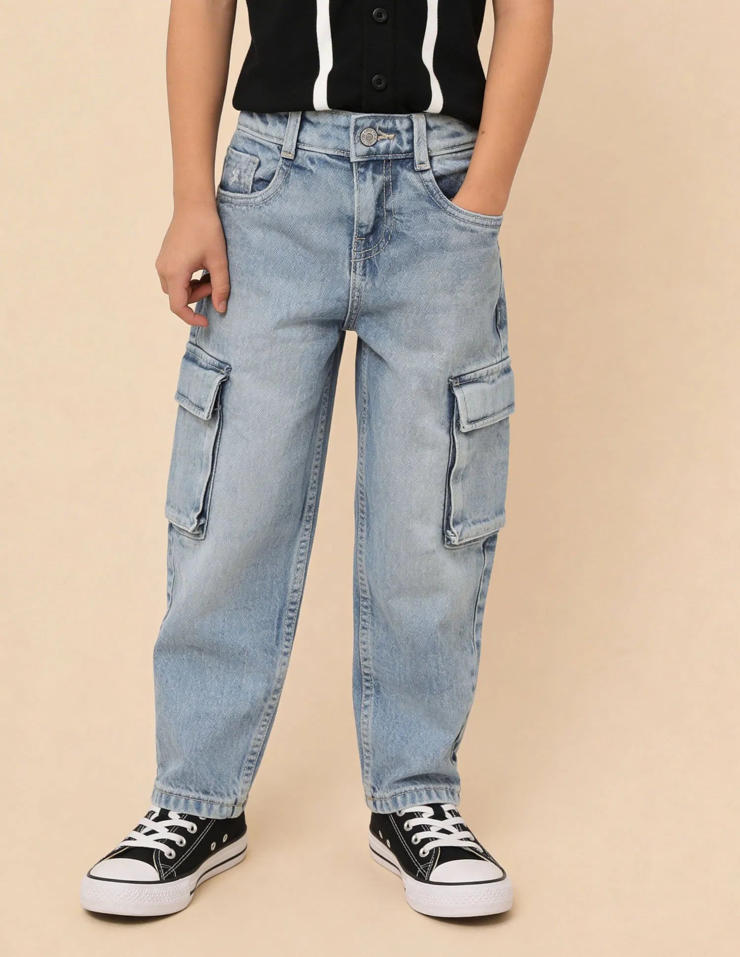 Boys Light Blue Cotton Stone Washed Baggy Cargo Jeans