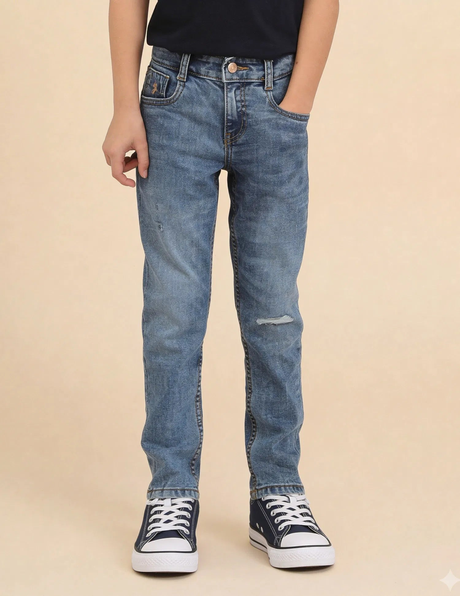 Boys Blue Cotton Blend Whiskered Slim Fit Jeans