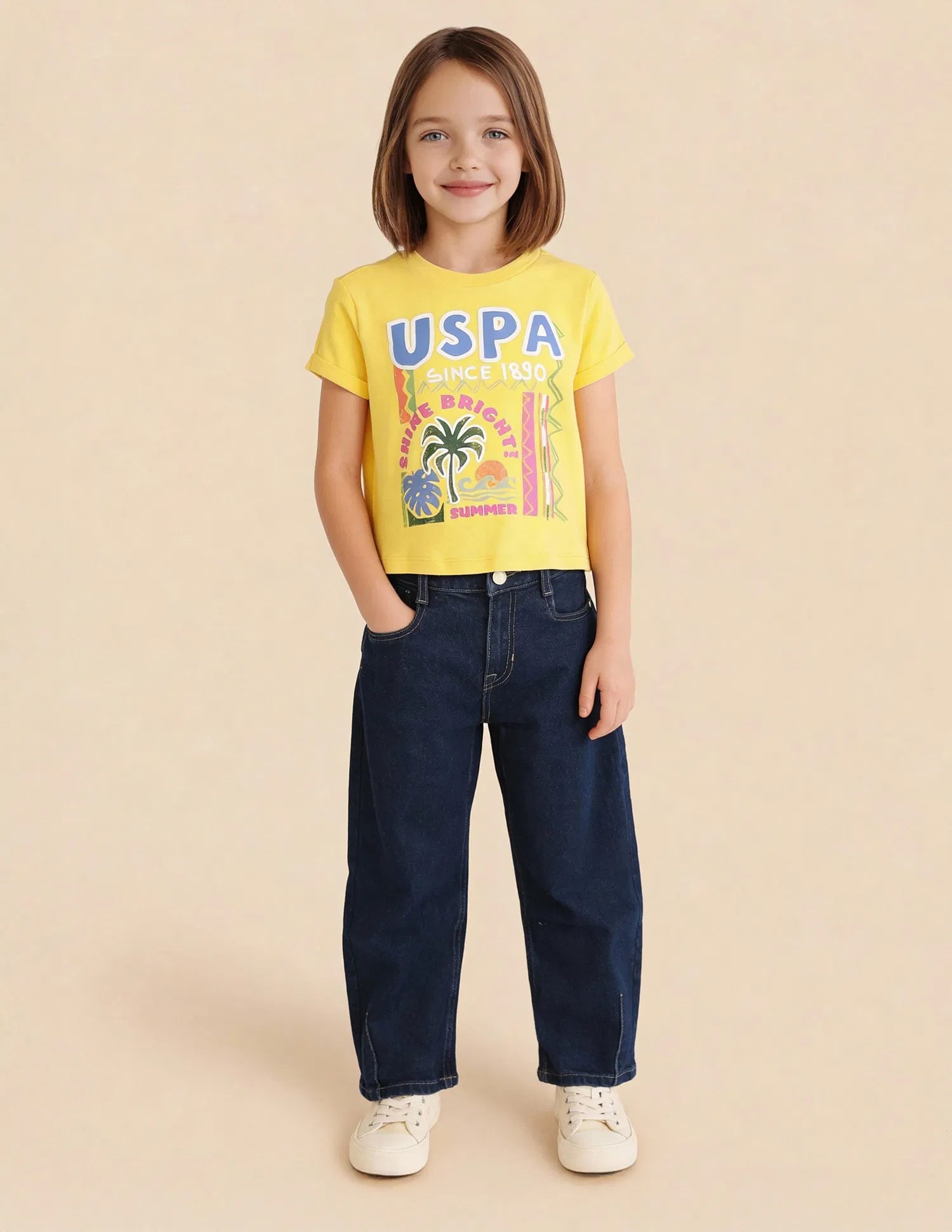 Girls Yellow Cotton Graphic Brand Printed Top