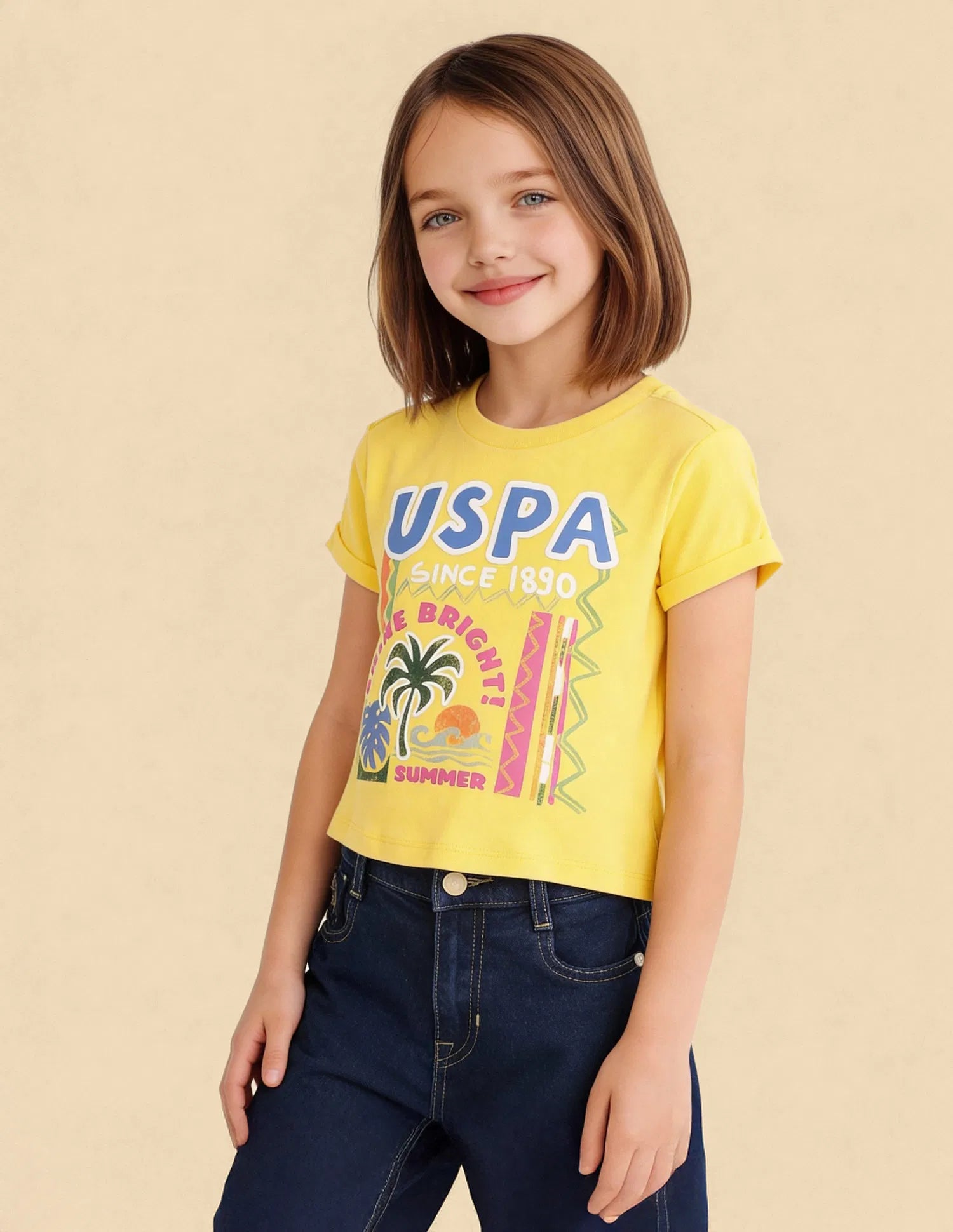 Girls Yellow Cotton Graphic Brand Printed Top