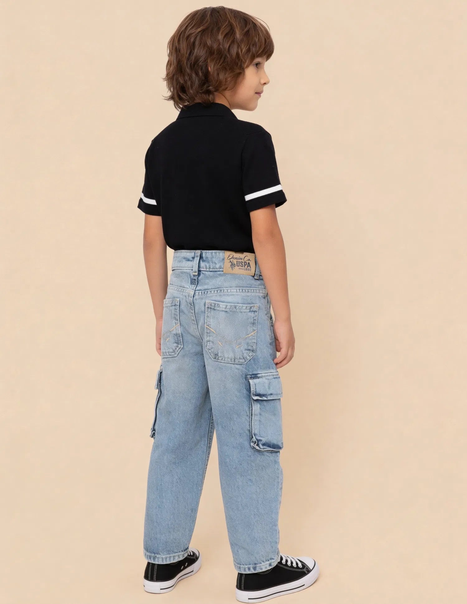 Boys Light Blue Cotton Stone Washed Baggy Cargo Jeans