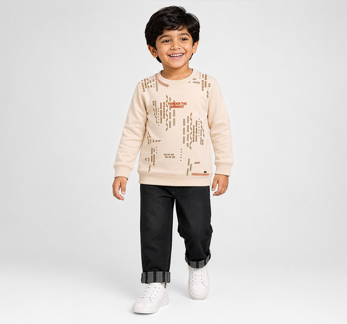 Aop Sweatshirt with Front Embroidery Beige