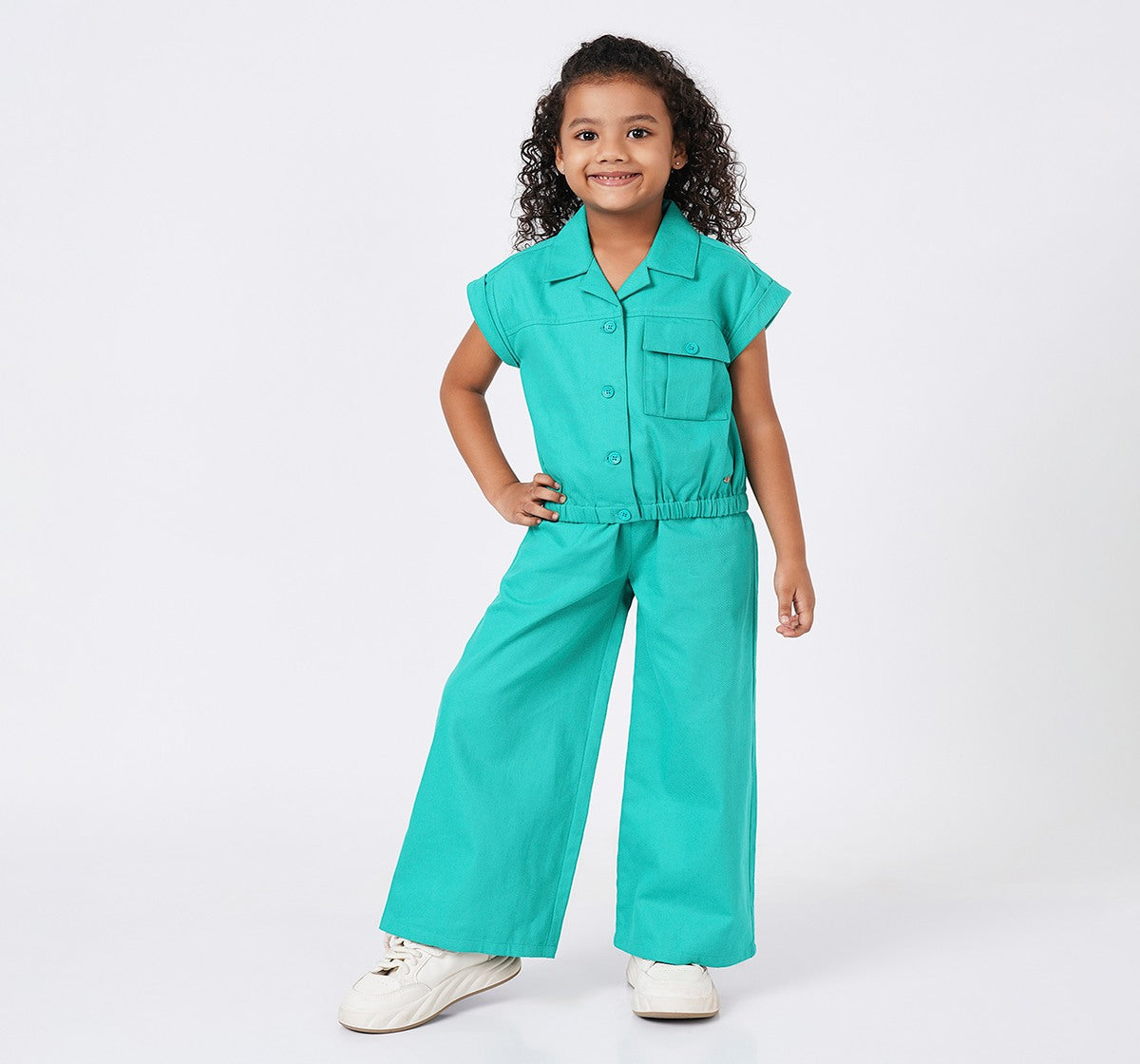 Girls Green Cotton Blend Resort Collar Co-ord Set