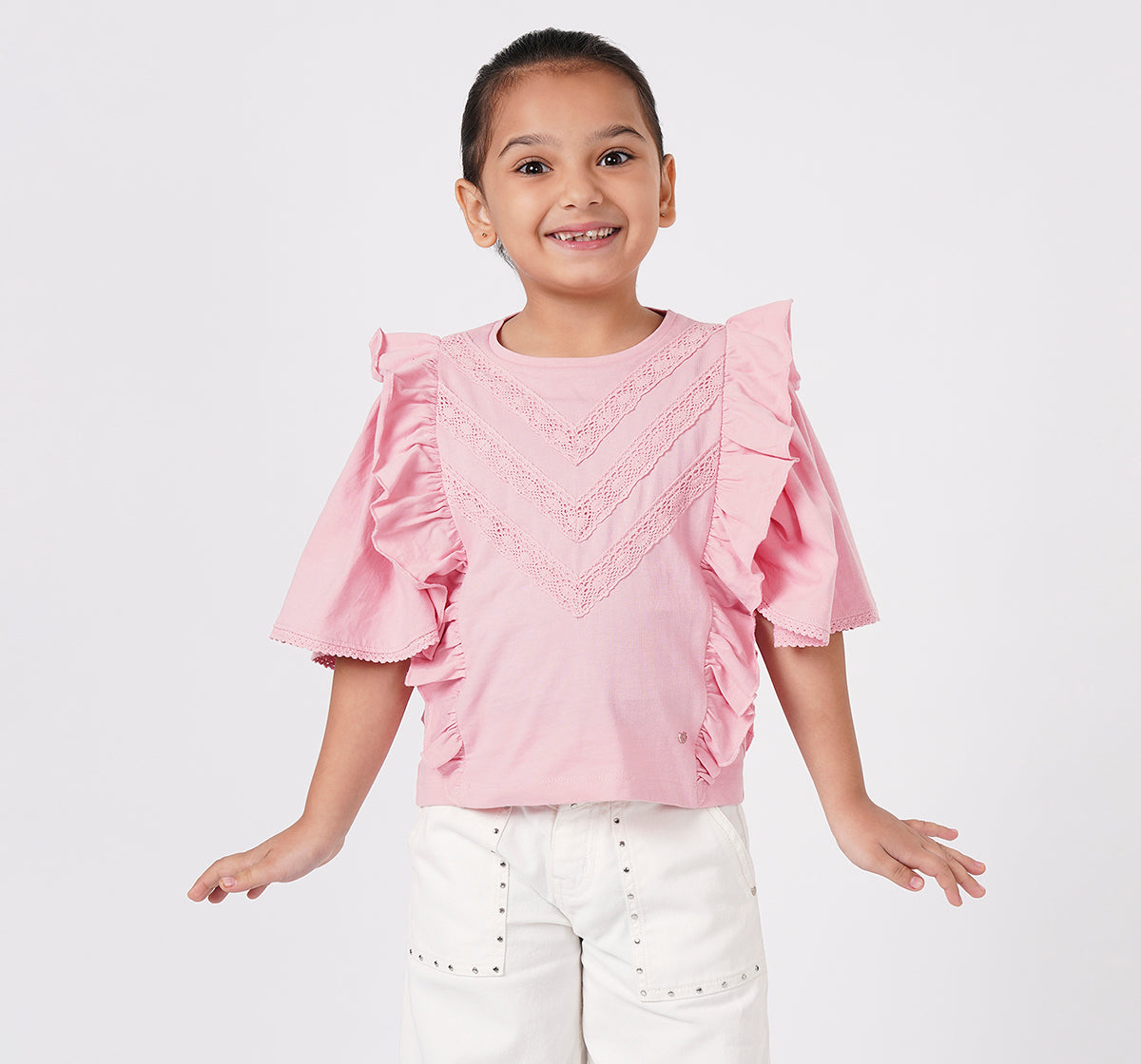 Ruffled Tee with Cotton Crochet Lace Pink