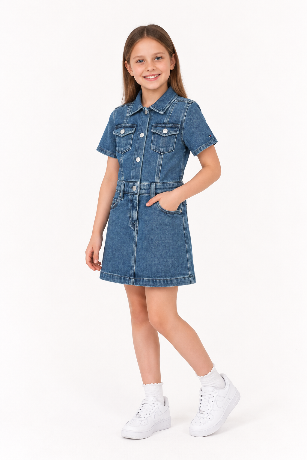 Girls Cotton Spread Collar Denim Dress Classic