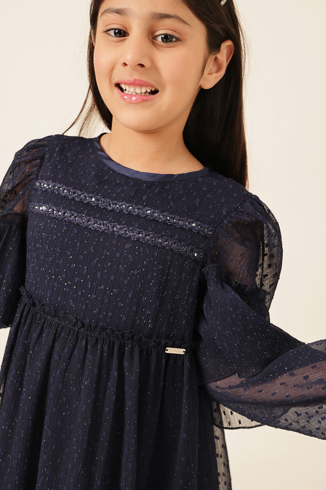Girls Navy Blue Swiss Dot Formal Dress