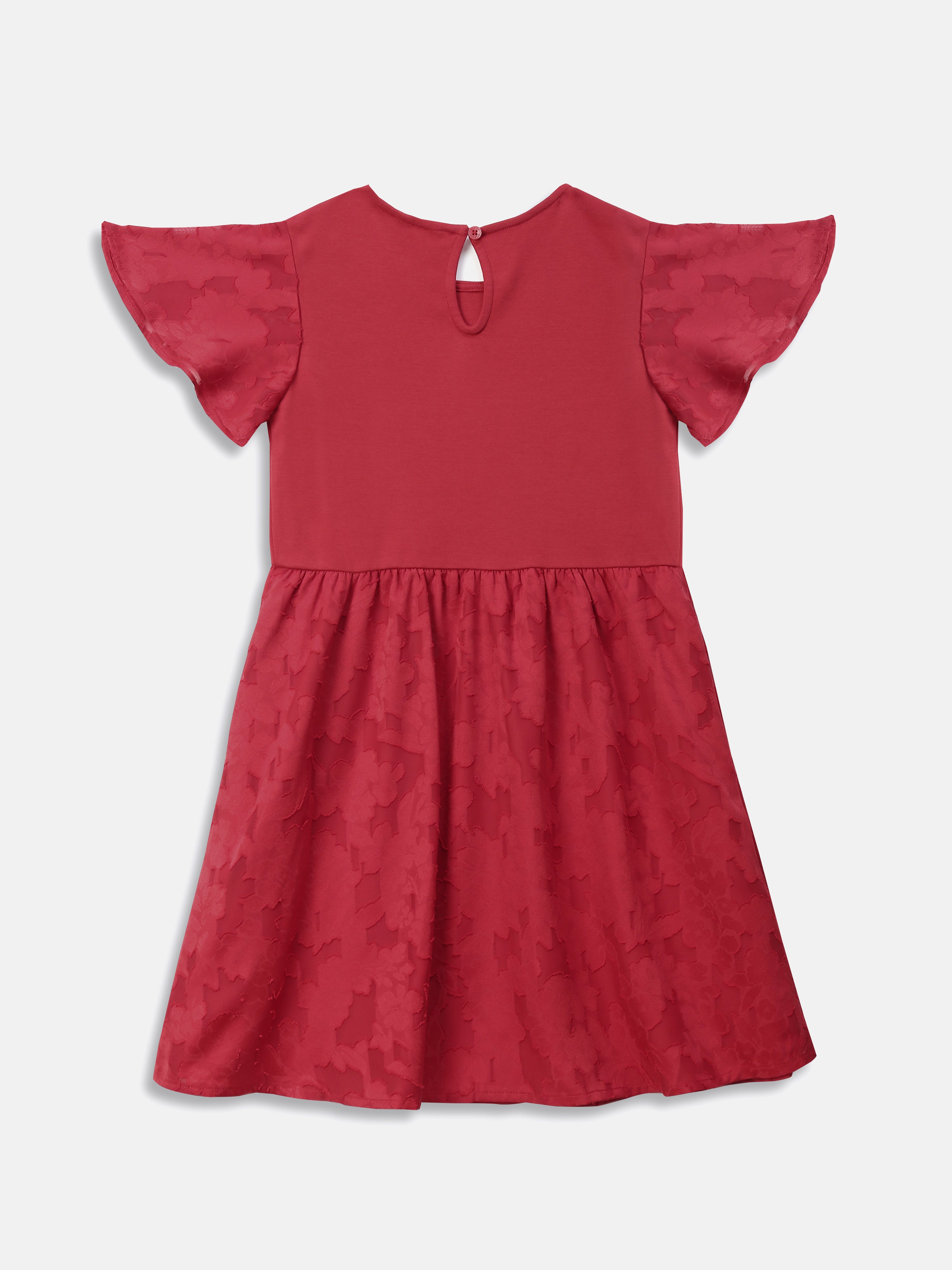 Girls Red Printed BCI Cotton Flutter Sleeve Dress
