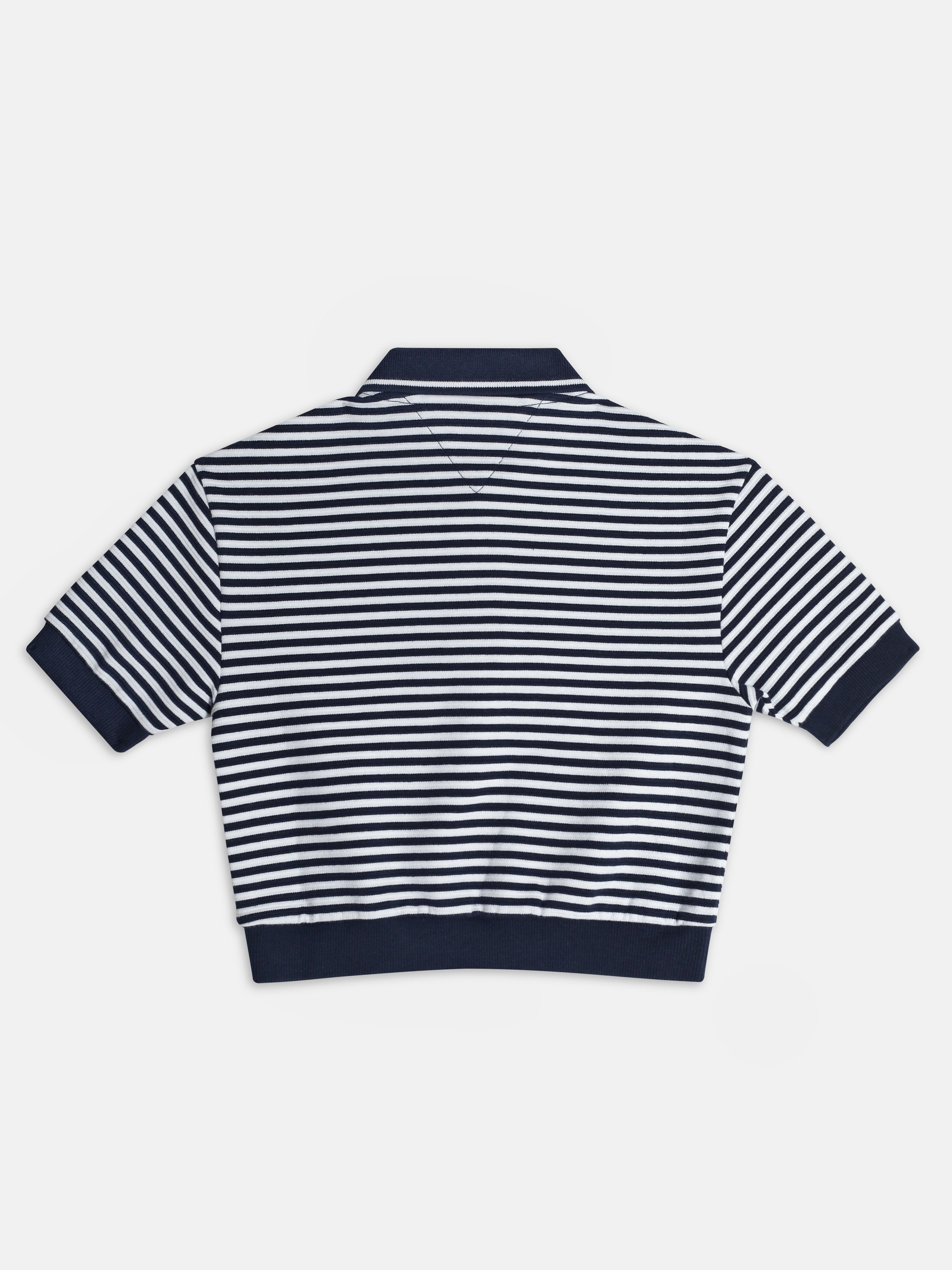 Girls Navy Striped Cotton Blend Casual Polo Knit Top