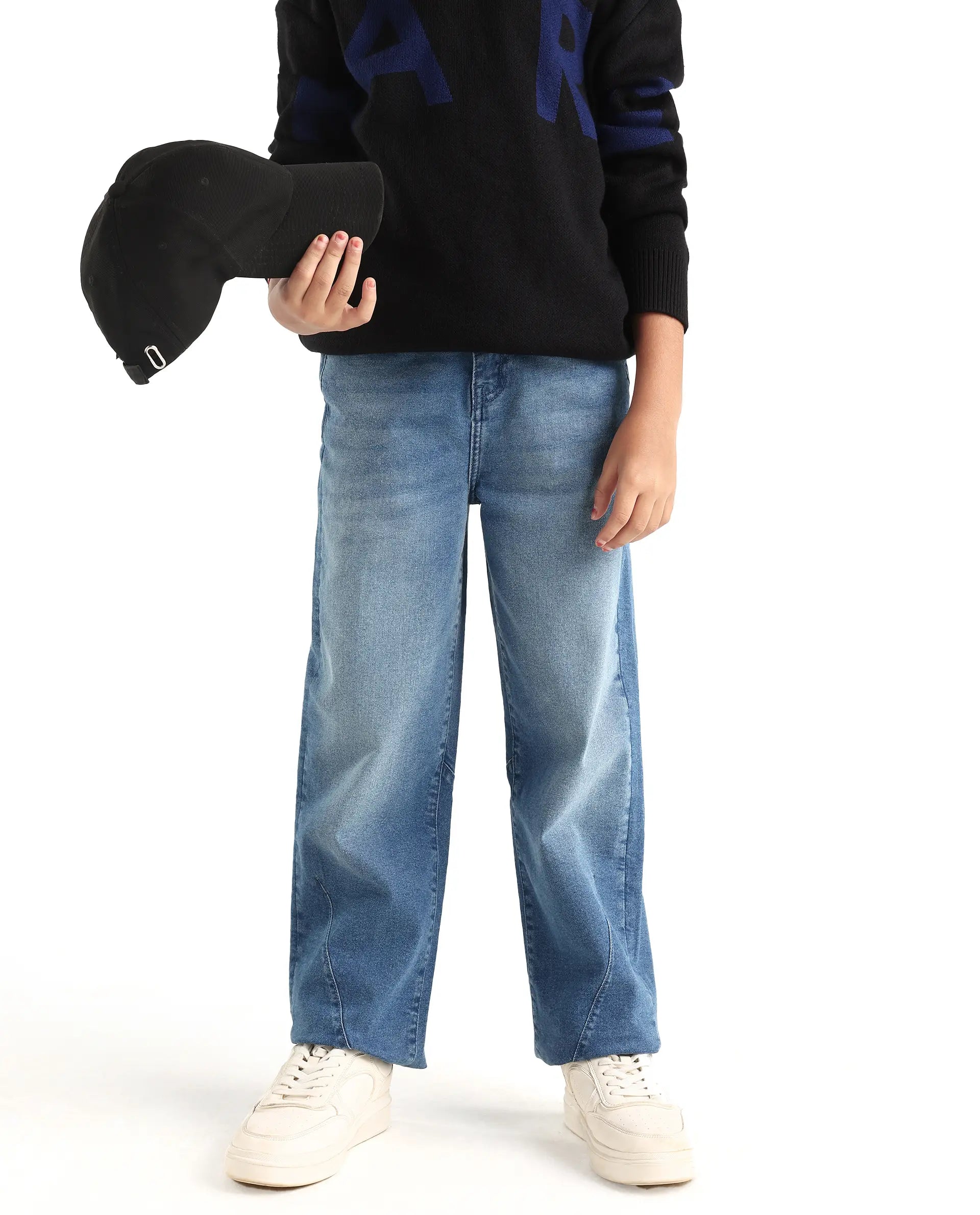 Boys Blue Slouchy Fit Button-Zip Jeans