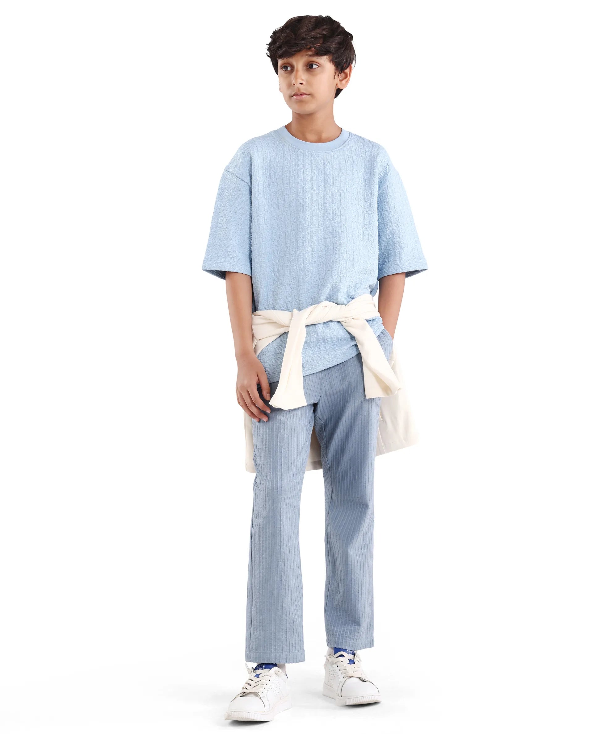 Boys Blue Jacquard Oversized Polyester Blend T-Shirt