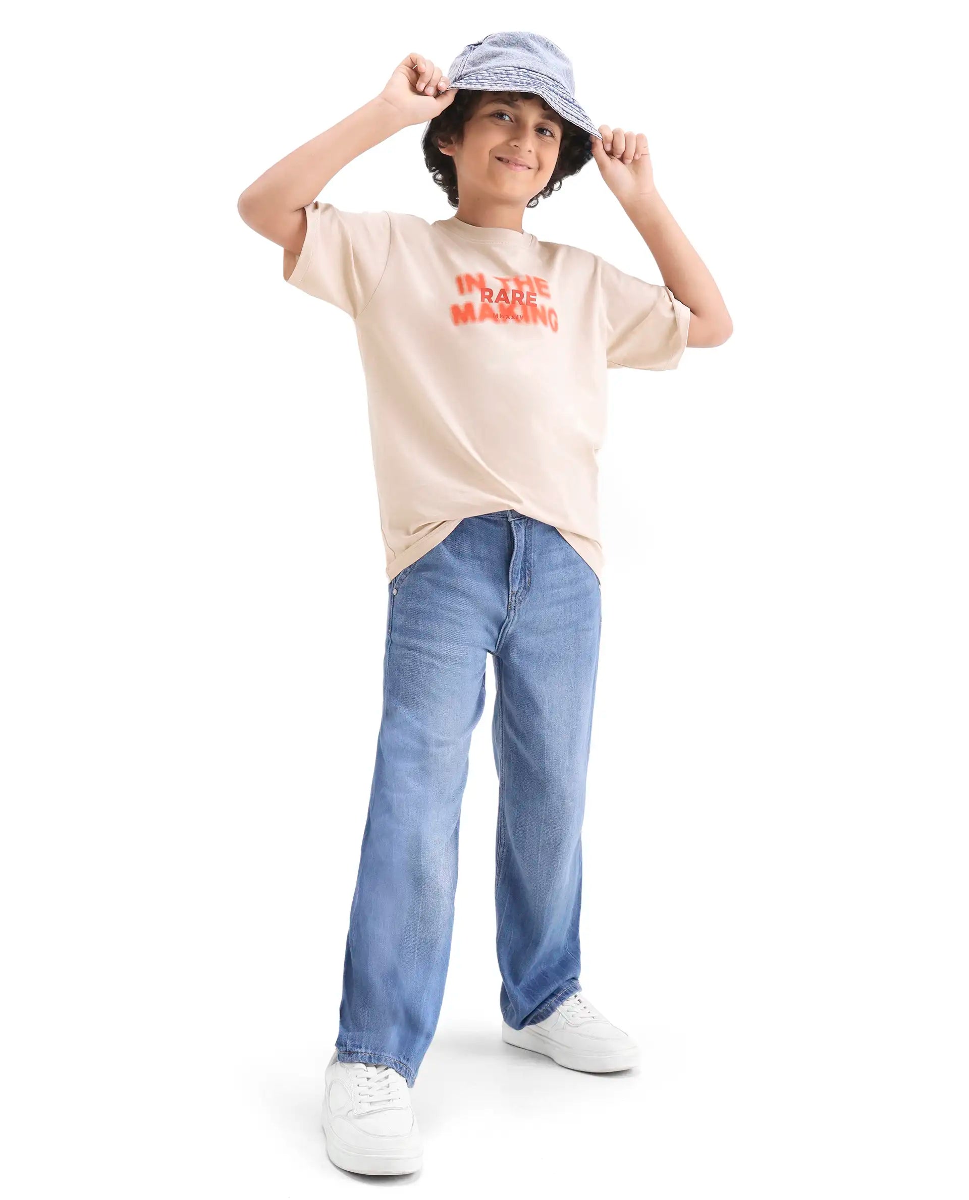 Boys Light Beige HD Print Regular Fit T-Shirt