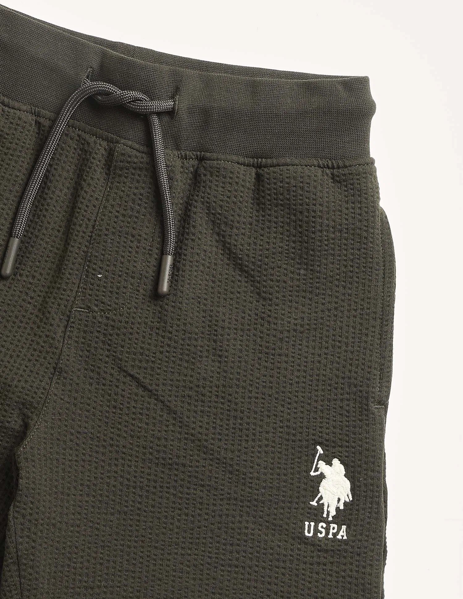 Boys Dark Green Textured Cotton Shorts Regular Fit
