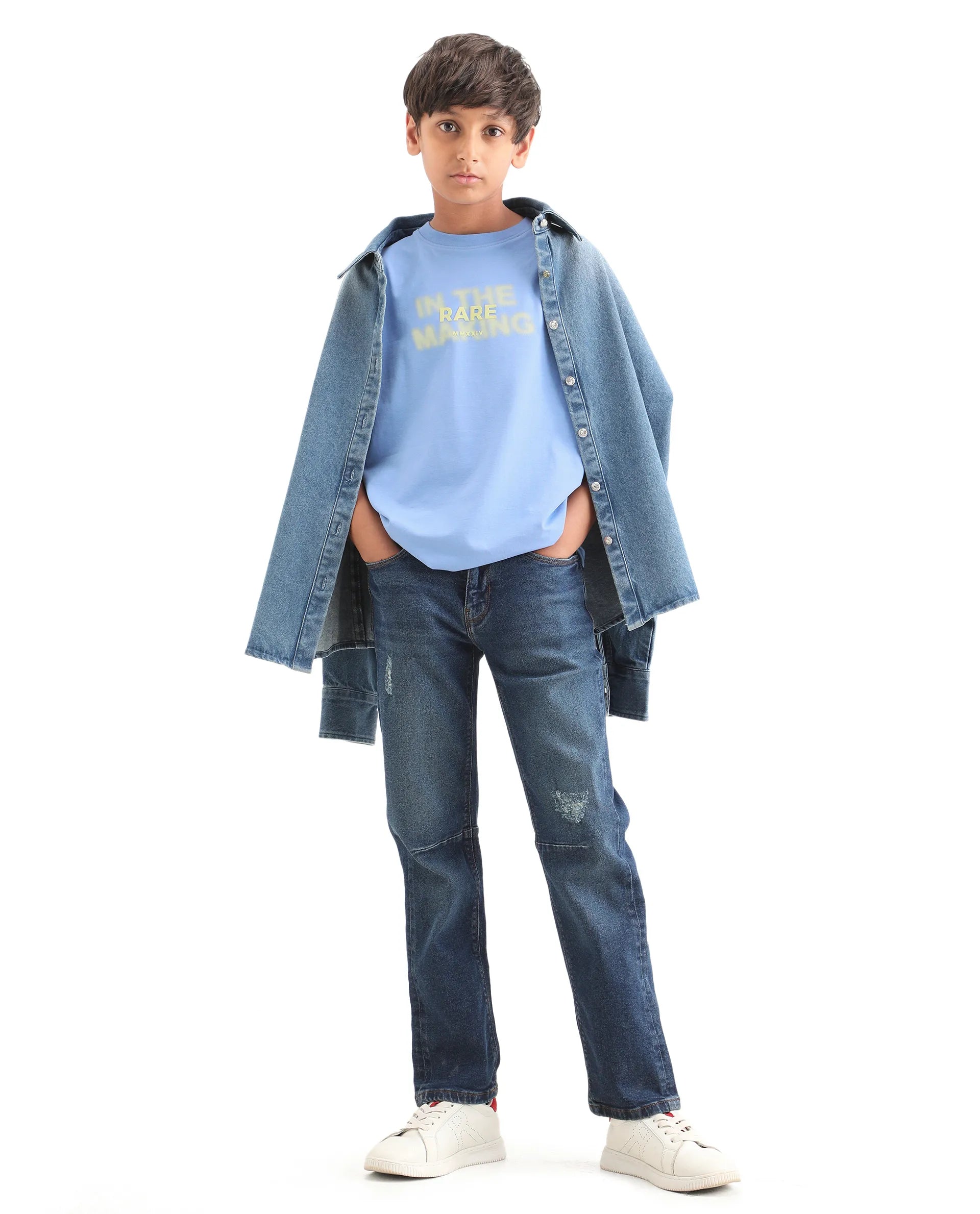 Boys Light Blue HD Print Regular Fit T-Shirt