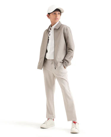 Boys Beige Polyester Blend Zipper Shacket