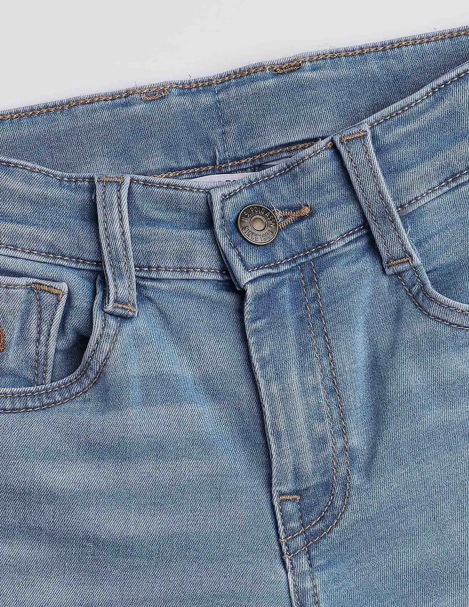 Boys Light Blue Cotton Slim Fit Whiskered Jeans
