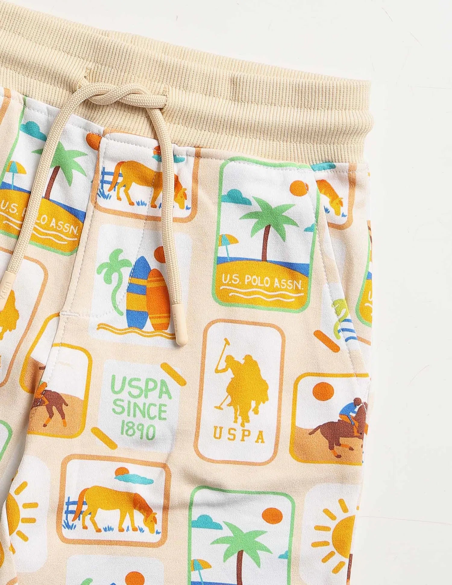 Boys Beige Graphic Printed Cotton Shorts Regular Fit