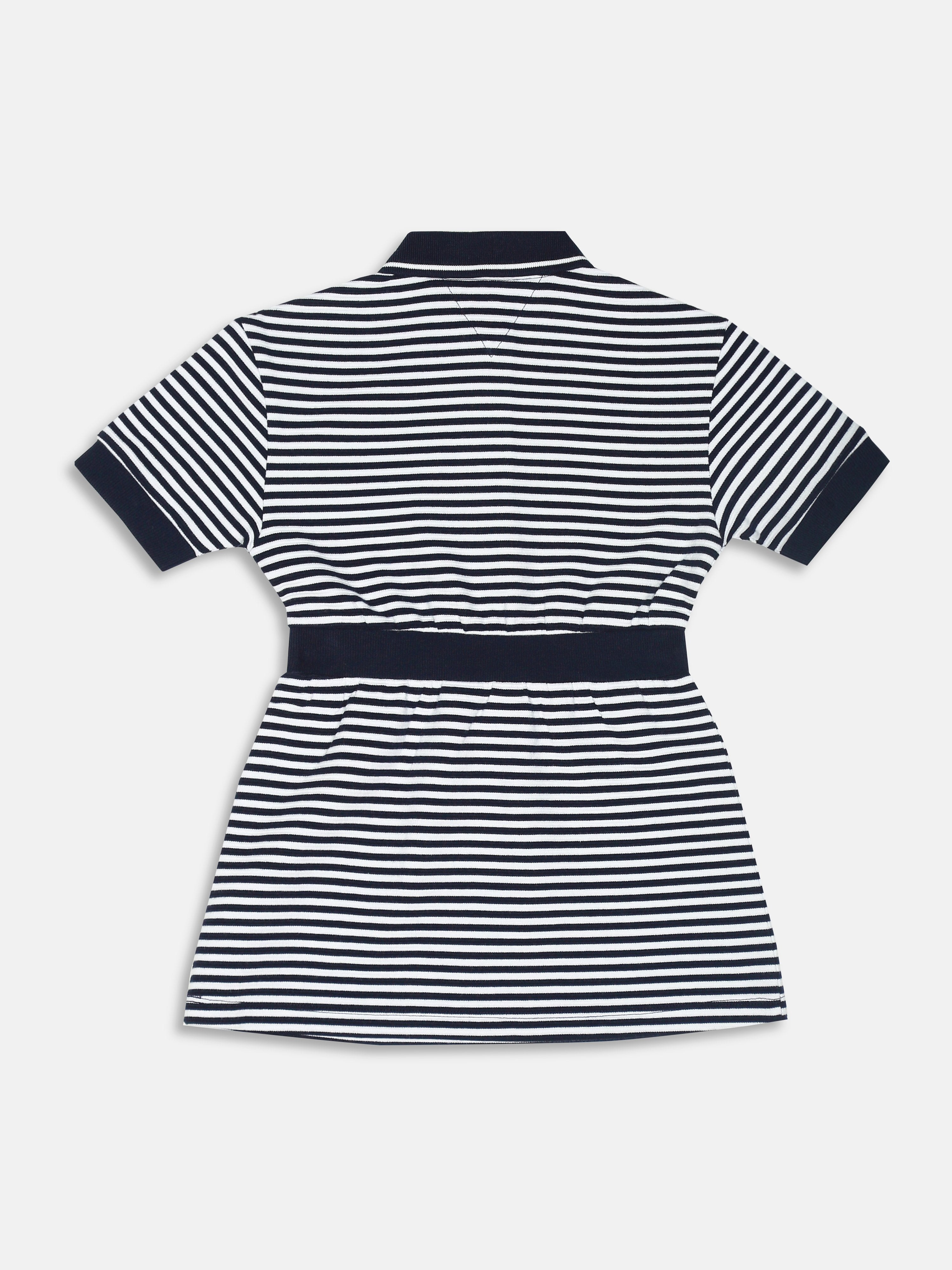 Girls Navy Striped Polo Collar Knee Length Dress